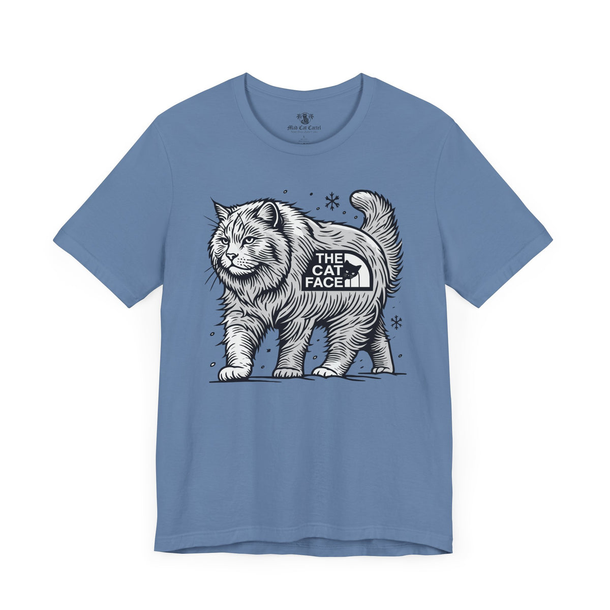 The Cat Face Snow Explorer Cat Graphic T-Shirt in lavender blue, front view
