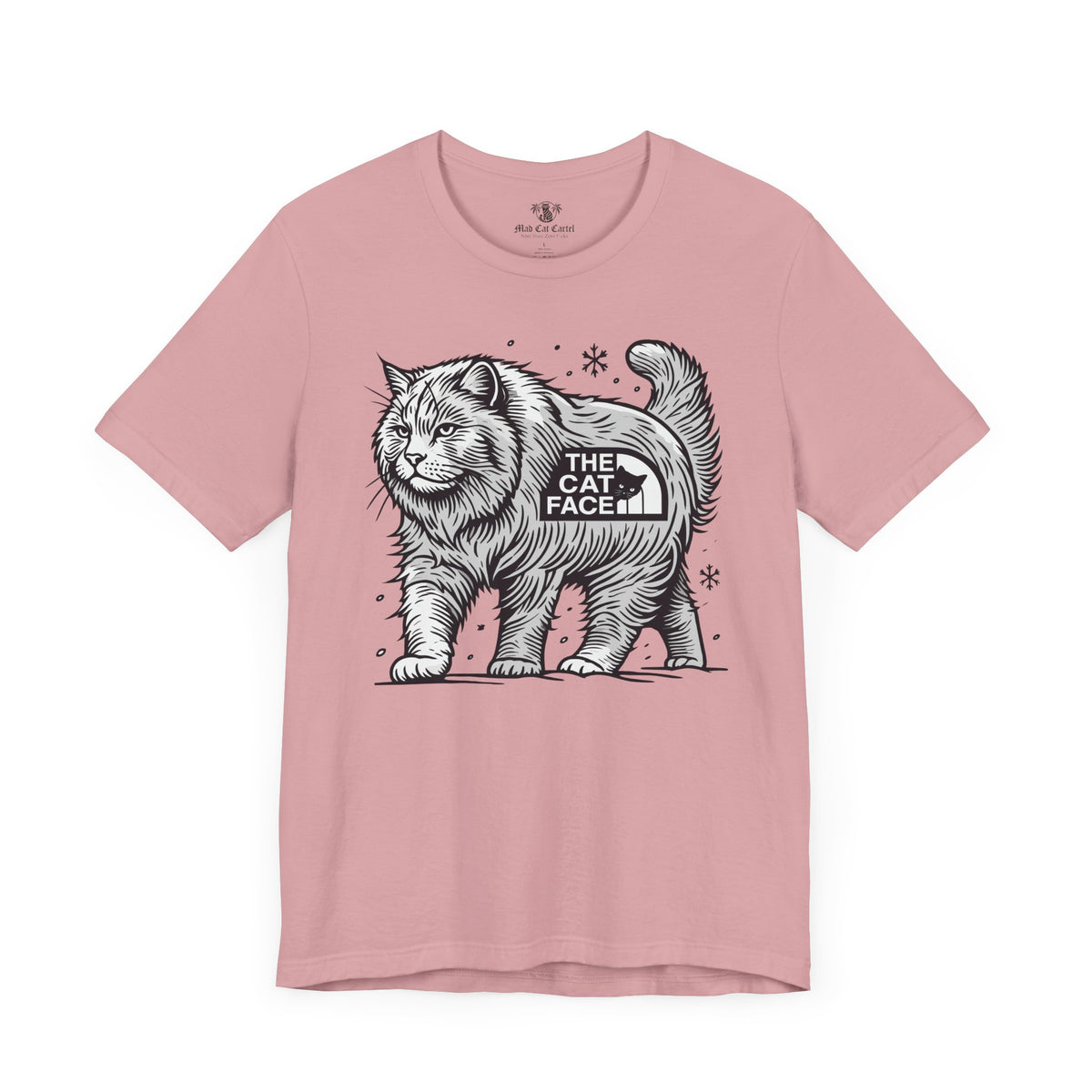The Cat Face Snow Explorer Cat Graphic T-Shirt in orchid, flat lay