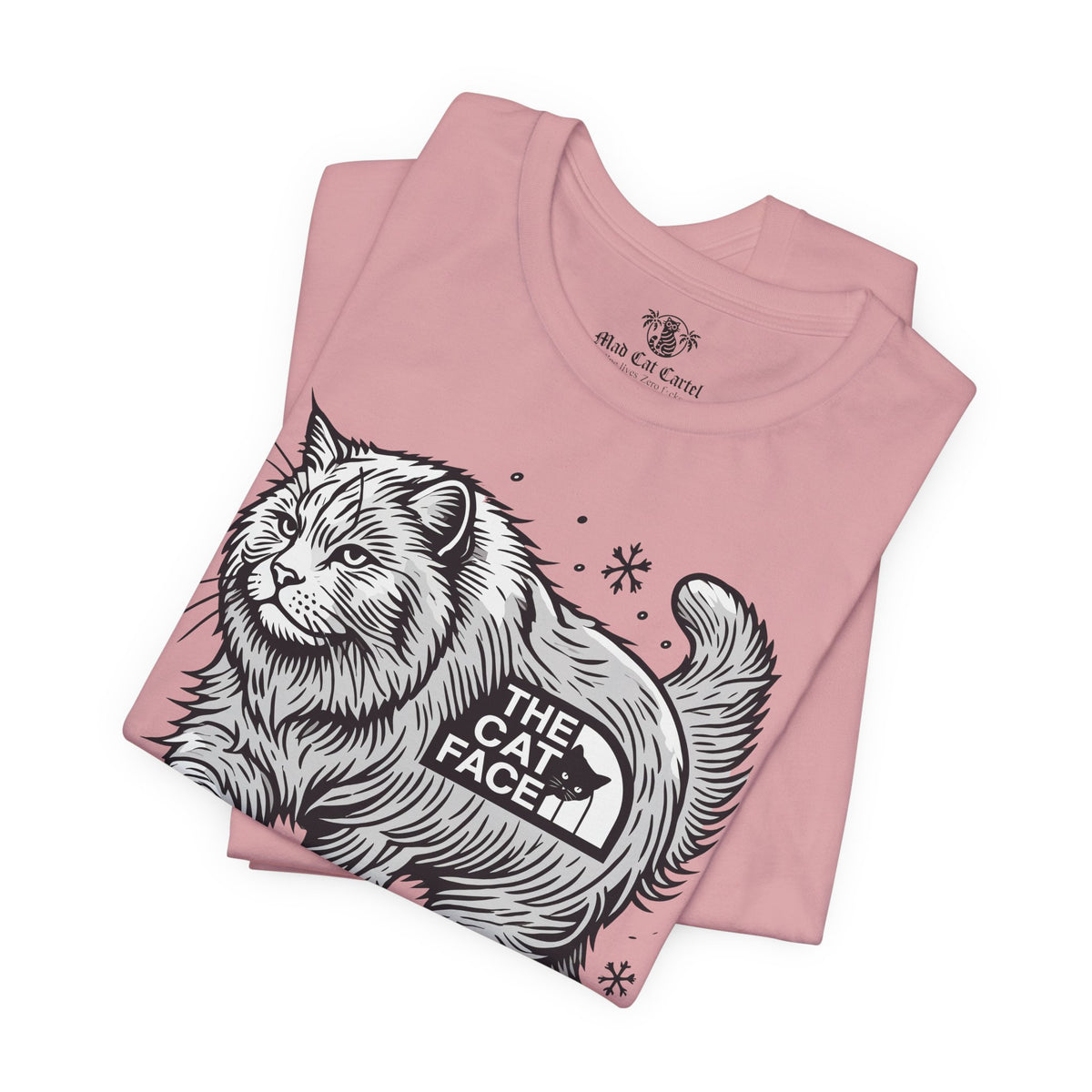 The Cat Face Snow Explorer Cat Graphic T-Shirt in orchid, folded