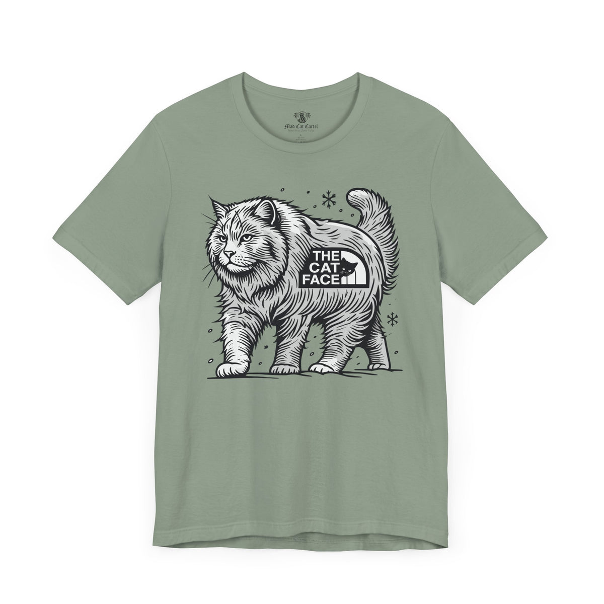 The Cat Face Snow Explorer Cat Graphic T-Shirt in sage, front view