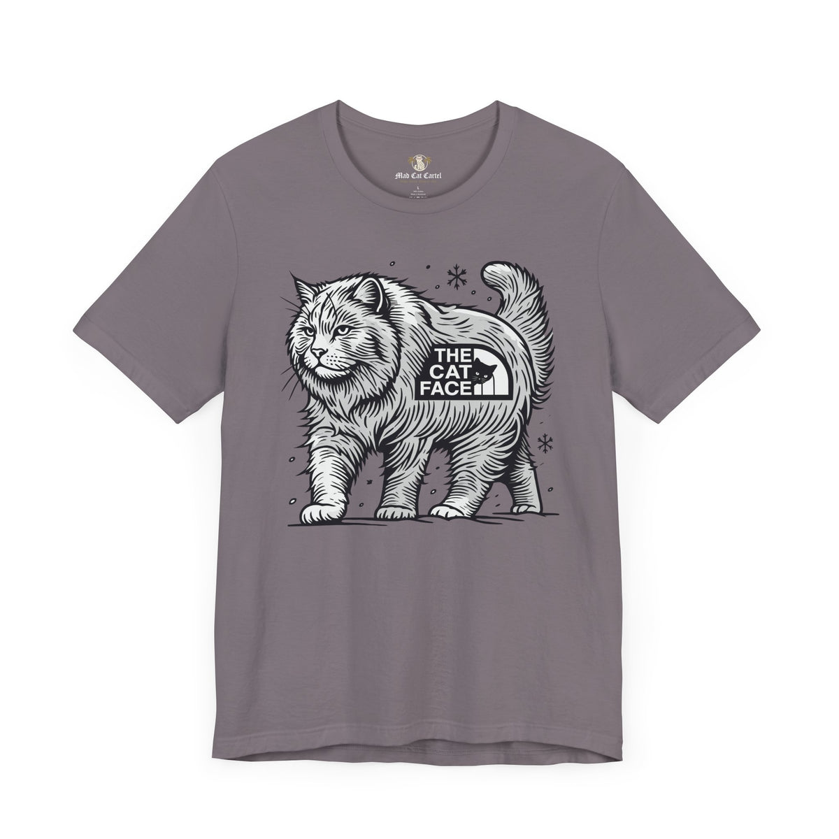 The Cat Face Snow Explorer Cat Graphic T-Shirt in storm, flat lay