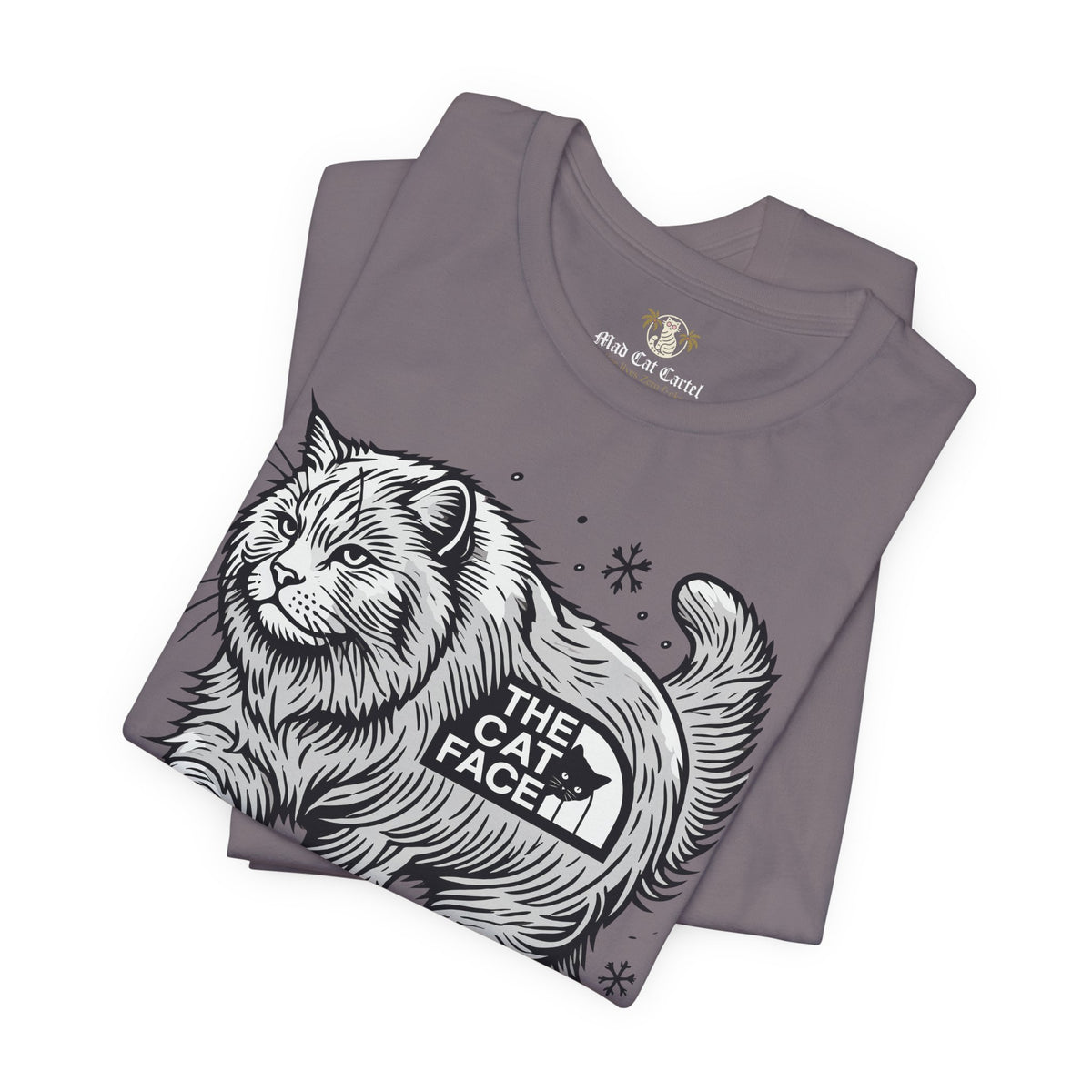 The Cat Face Snow Explorer Cat Graphic T-Shirt in storm, folded