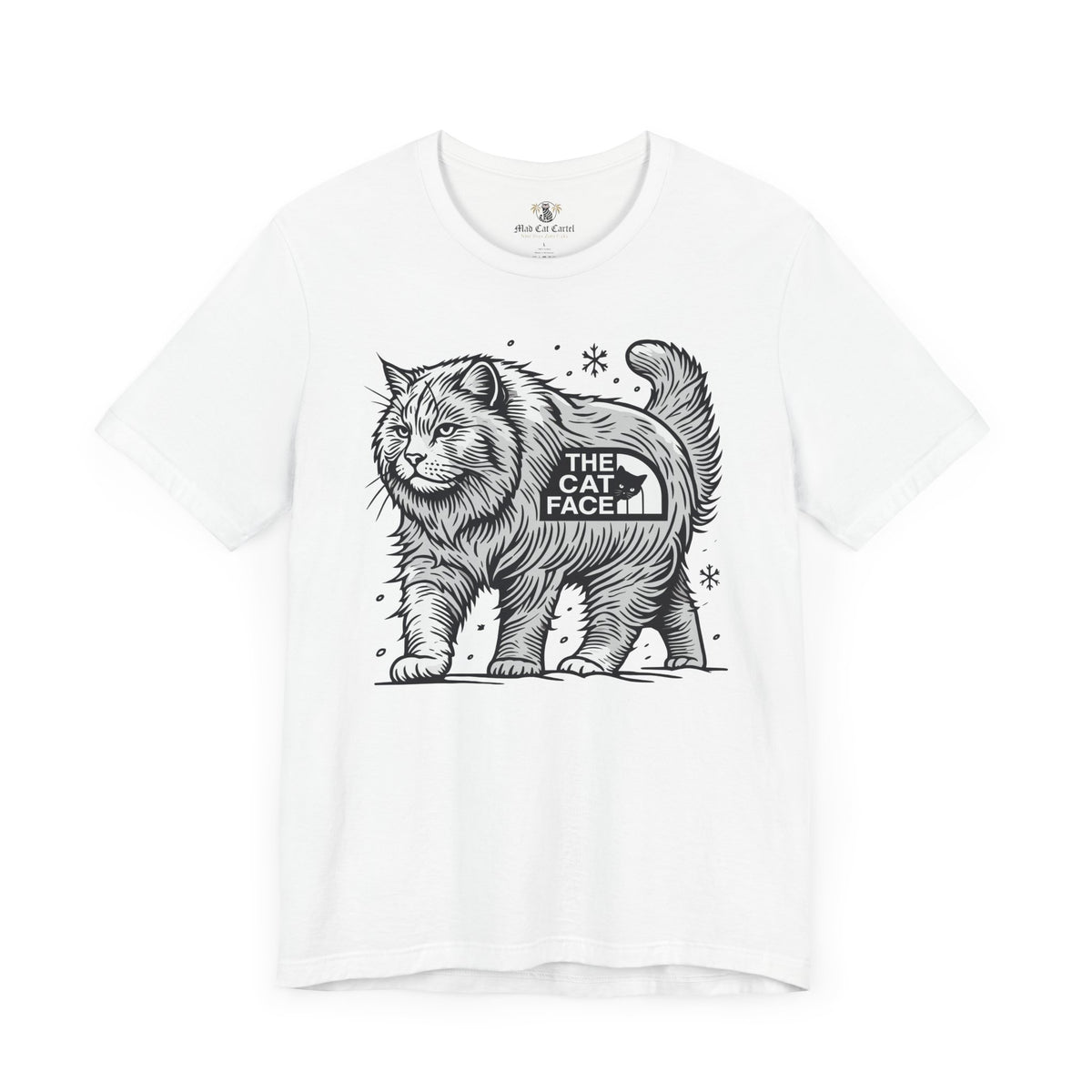 The Cat Face Snow Explorer Cat Graphic T-Shirt in white, flat lay