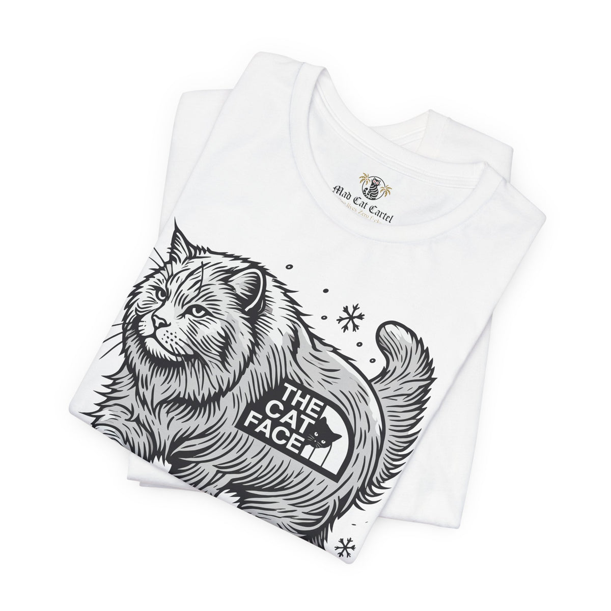 The Cat Face Snow Explorer Cat Graphic T-Shirt in white, folded