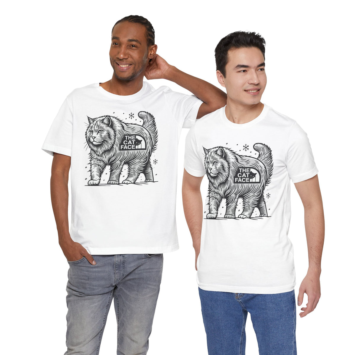 The Cat Face Snow Explorer Cat Graphic T-Shirt in white, worn by two models