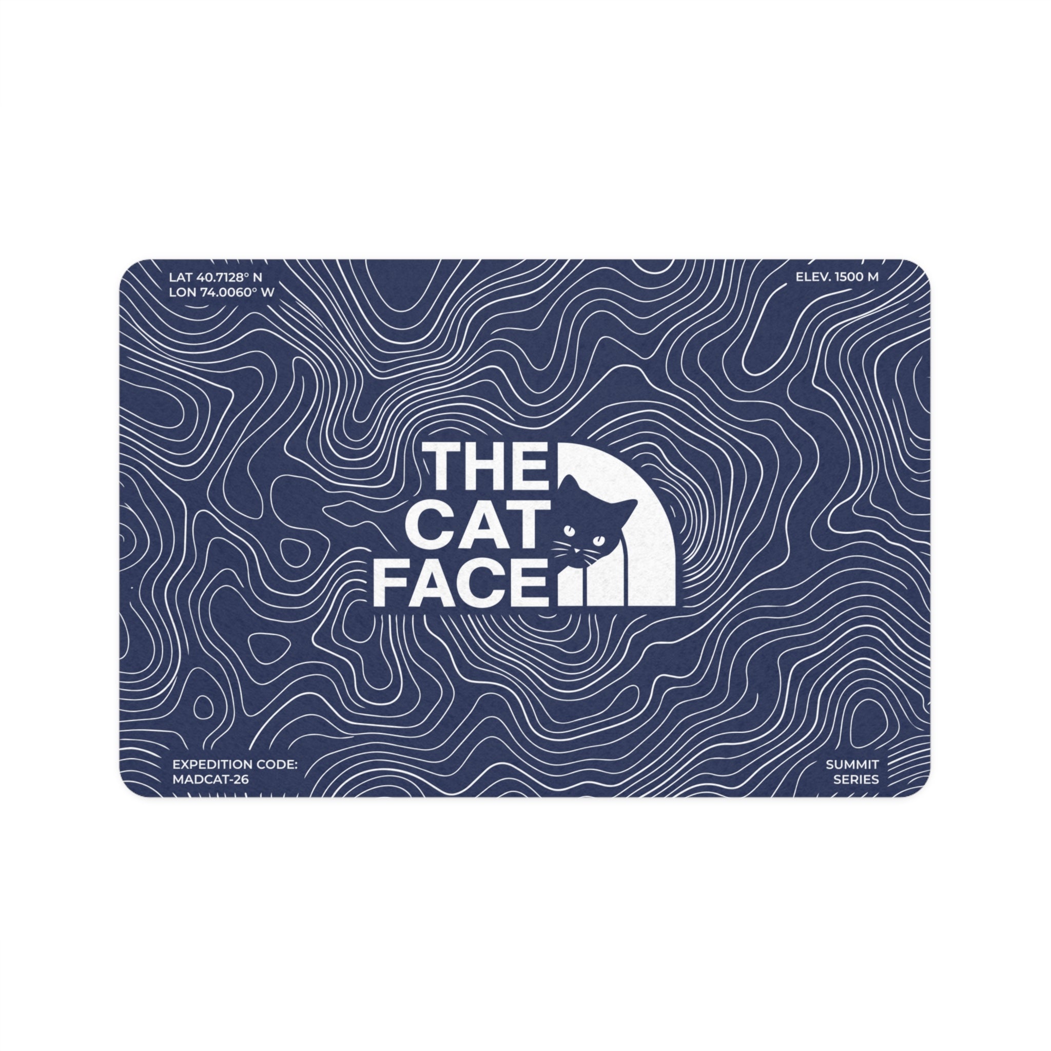 The Cat Face Summit Terrain blue cat feeding mat with white topo lines by Mad Cat Cartel