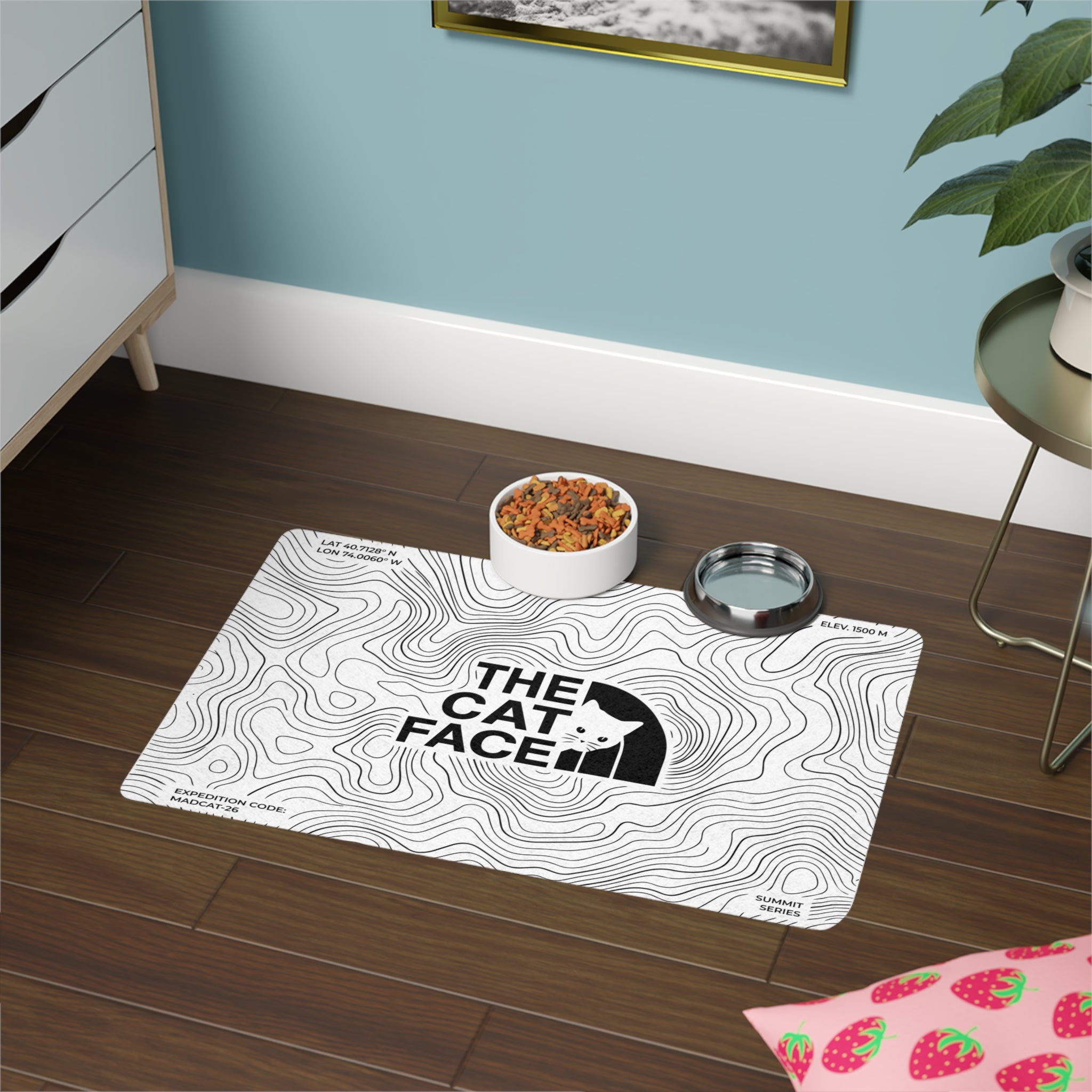 The Cat Face white cat bowl mat with food and water bowls by Mad Cat Cartel
