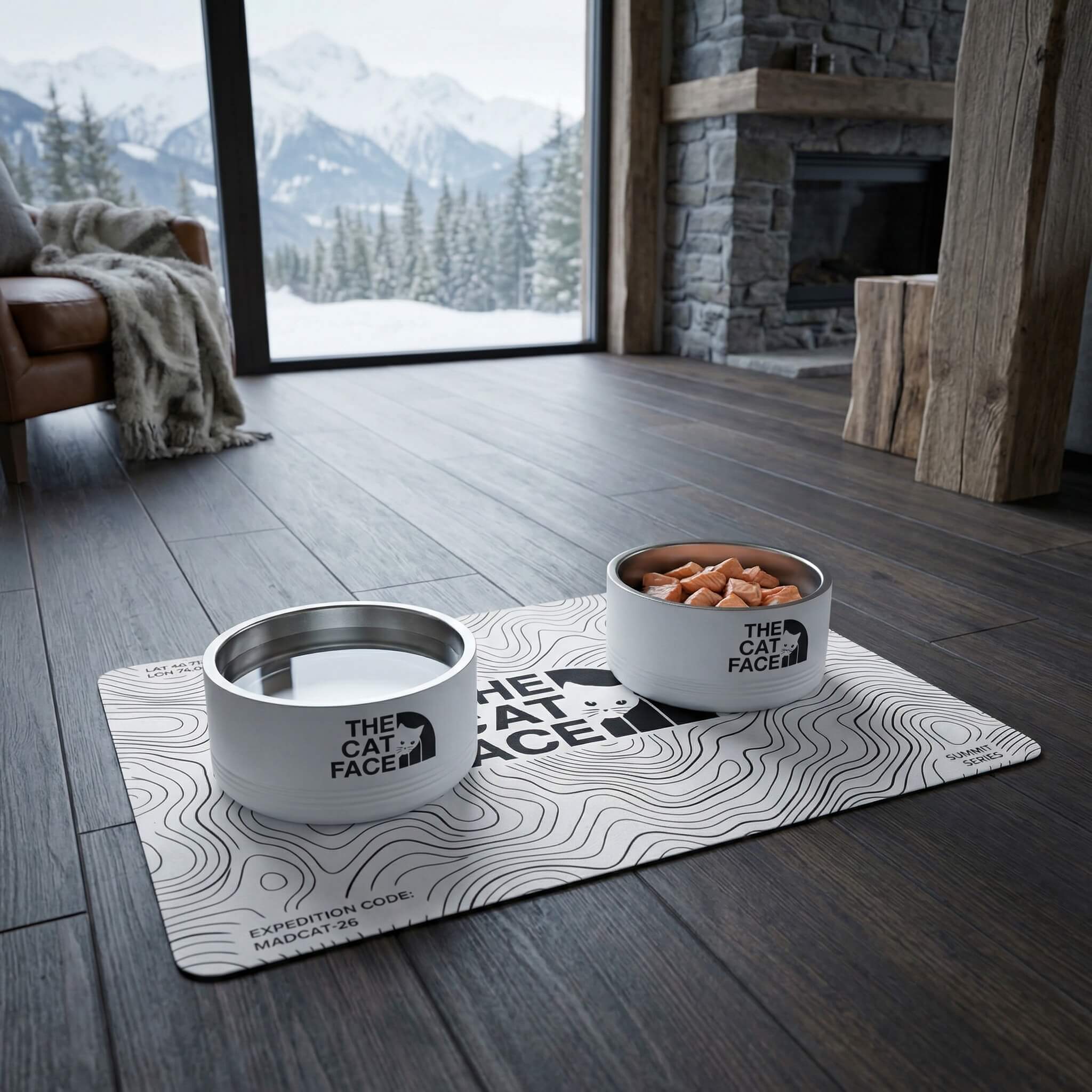 The Cat Face Designer Stainless Steel Cat Bowl in white, on The Cat Face Summit Terrain Designer Cat Feeding Mat
