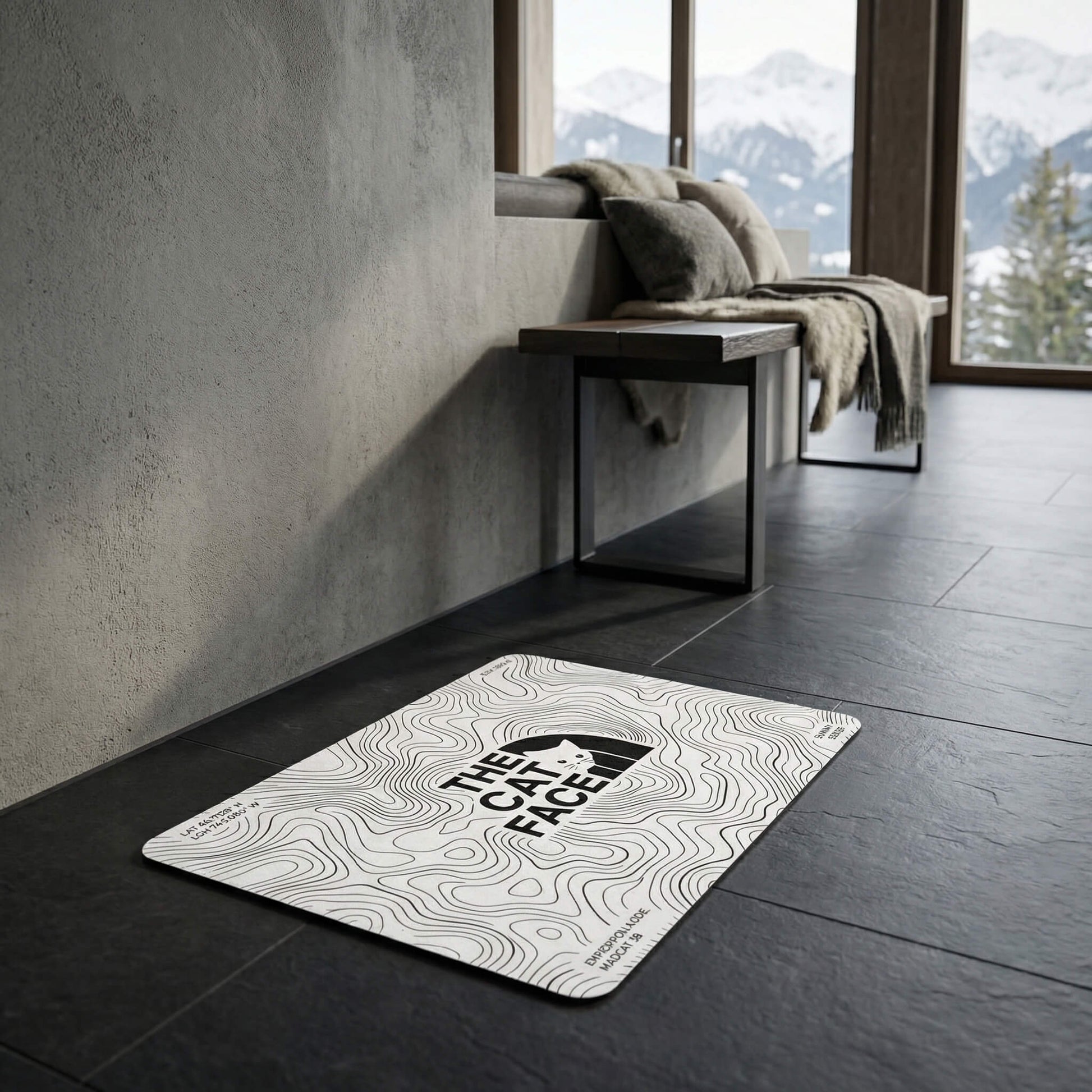 The Cat Face white cat feeding mat in modern interior by Mad Cat Cartel