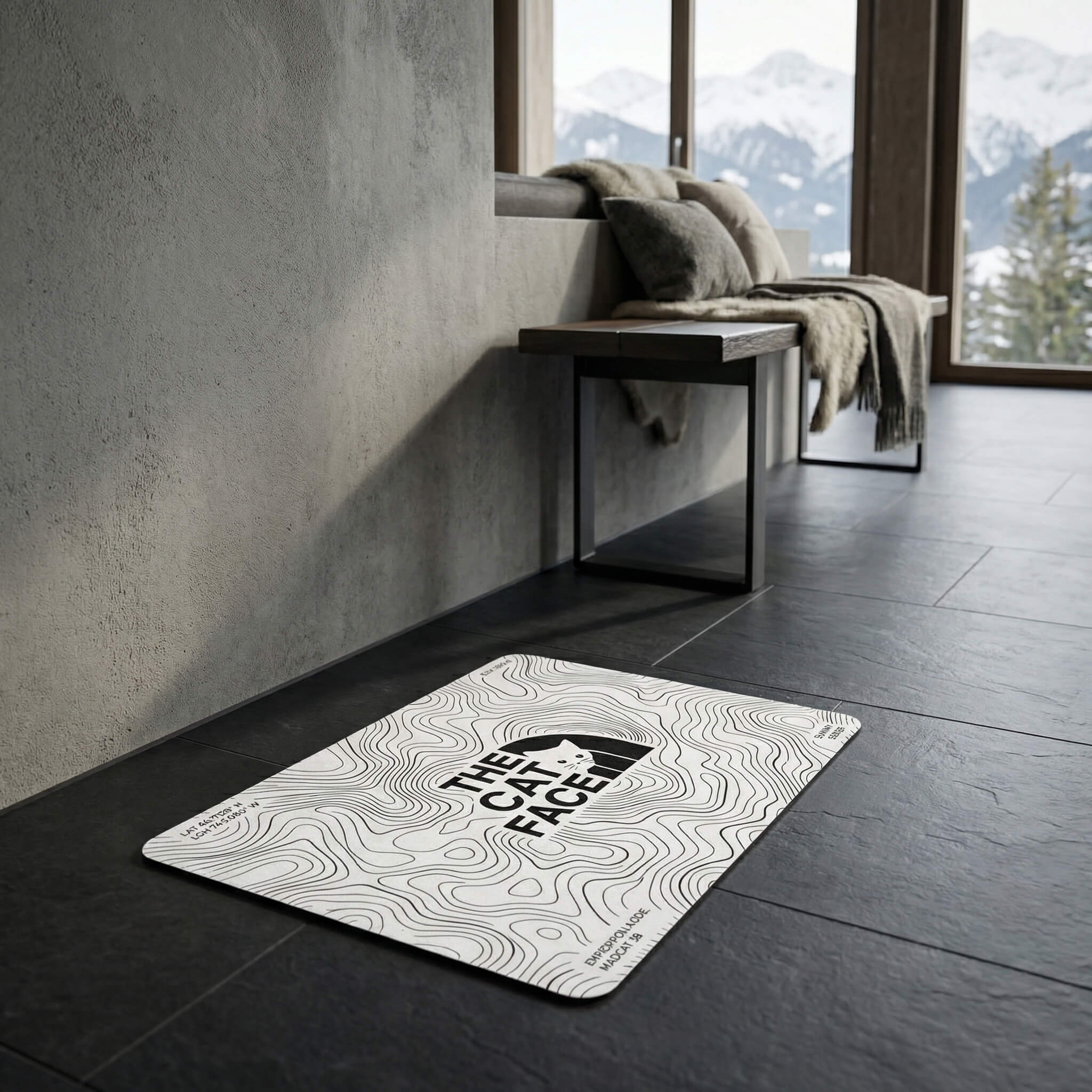 The Cat Face white cat feeding mat in modern interior by Mad Cat Cartel