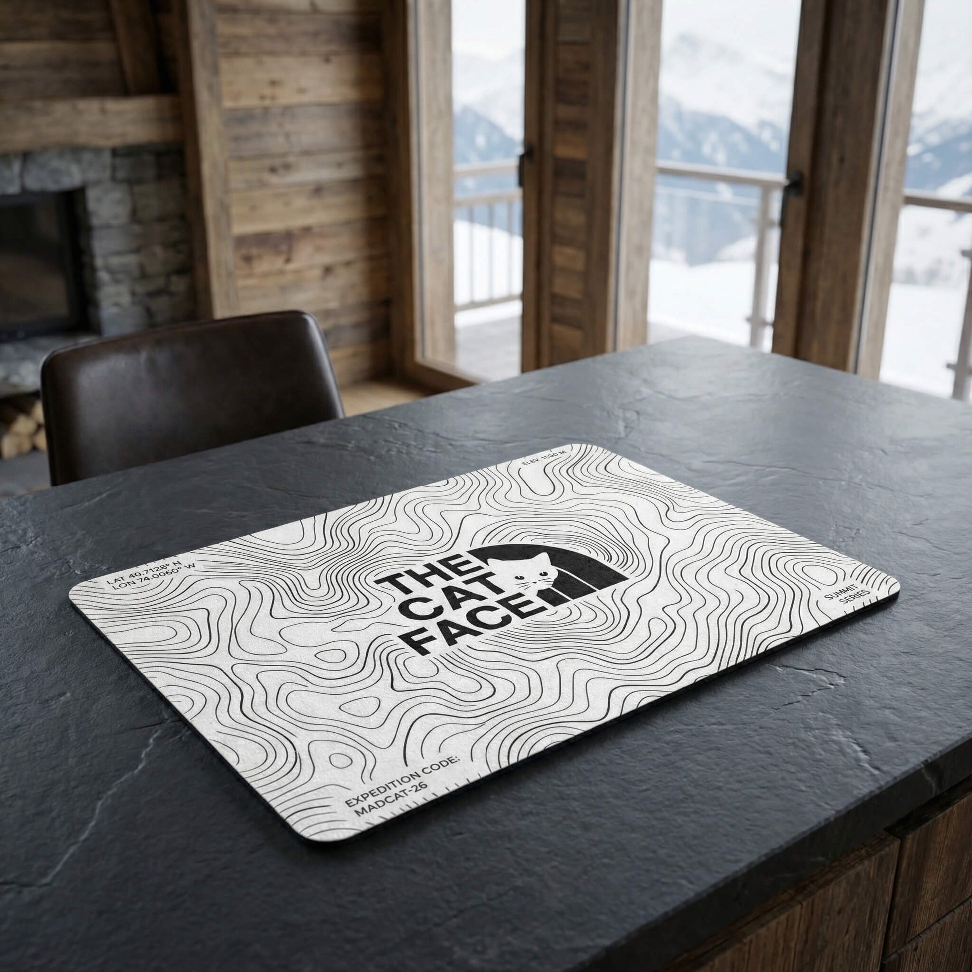 The Cat Face white bowl mat with topo line pattern by Mad Cat Cartel