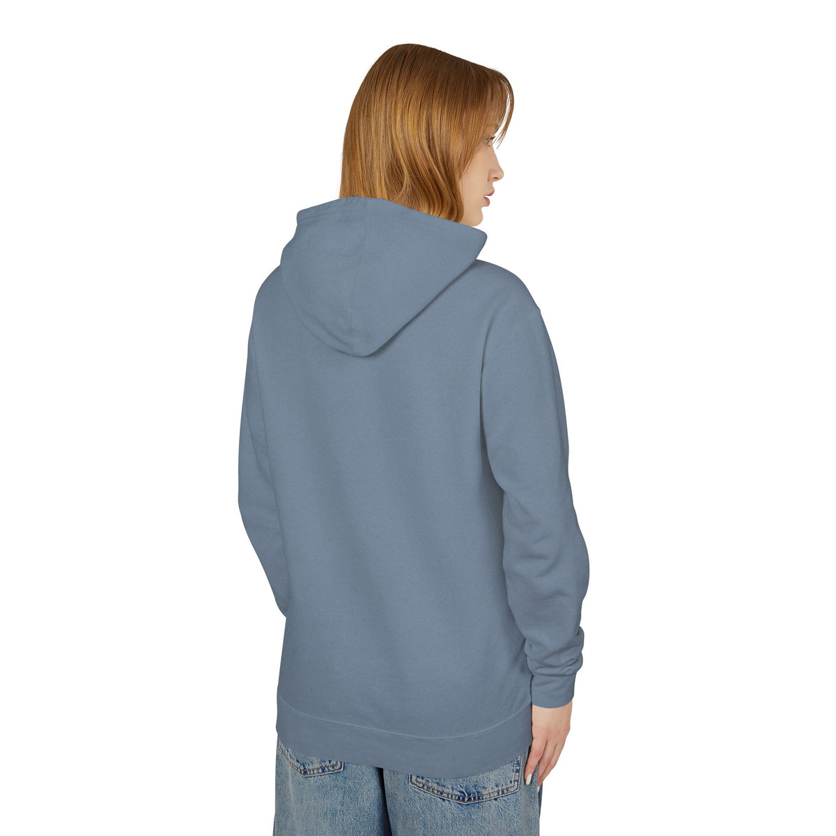The Cat Face The North Meow Hoodie in blue jean, back view on a female model