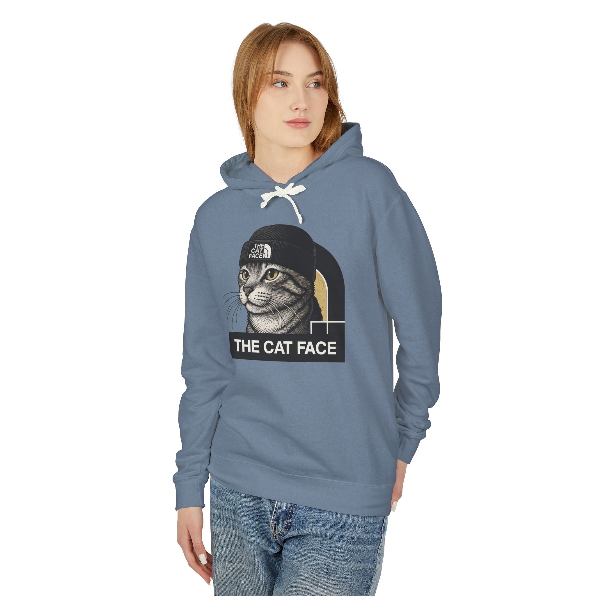 The Cat Face The North Meow Hoodie in blue jean, worn by a female model