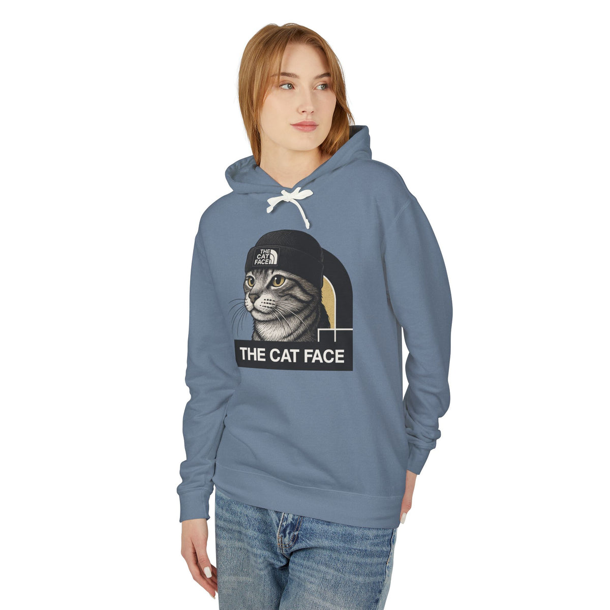 The Cat Face The North Meow Hoodie in blue jean, worn by a female model