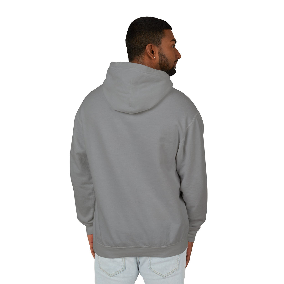 The Cat Face The North Meow Hoodie in grey, back view on a male model