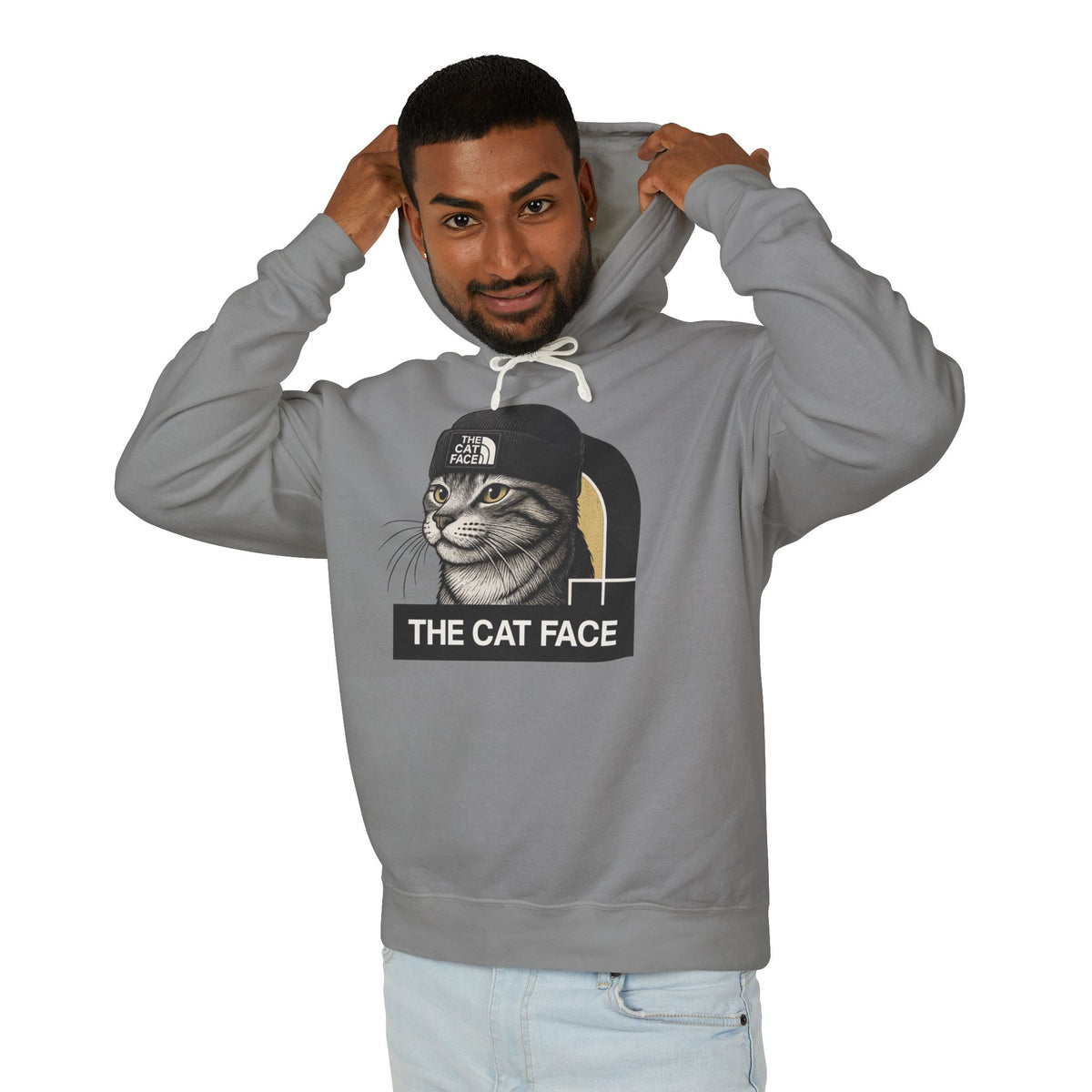 The Cat Face The North Meow Hoodie in grey, worn by a male model
