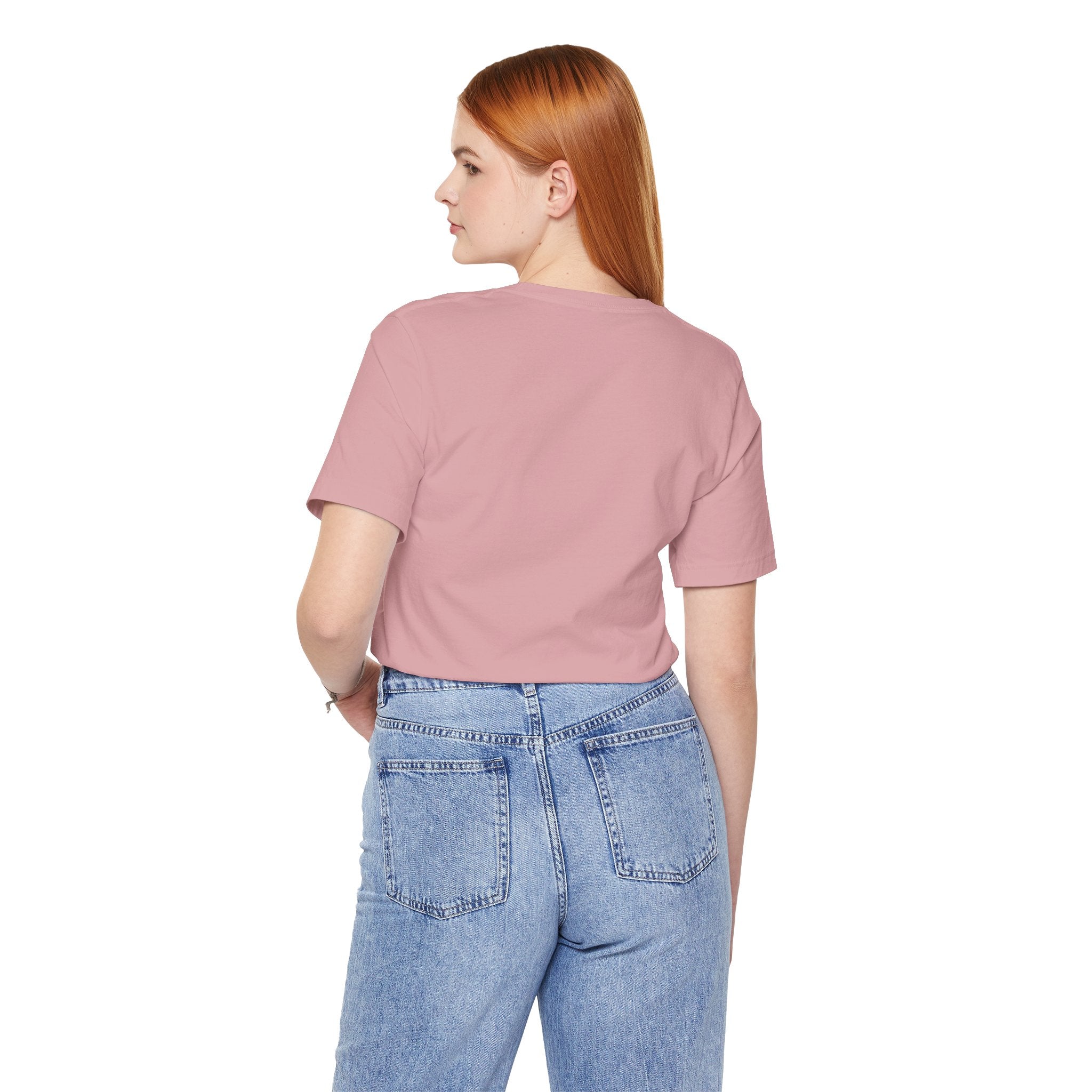 The Cat Face Winking Cat Logo Graphic T-Shirt in orchid, back view on a female model