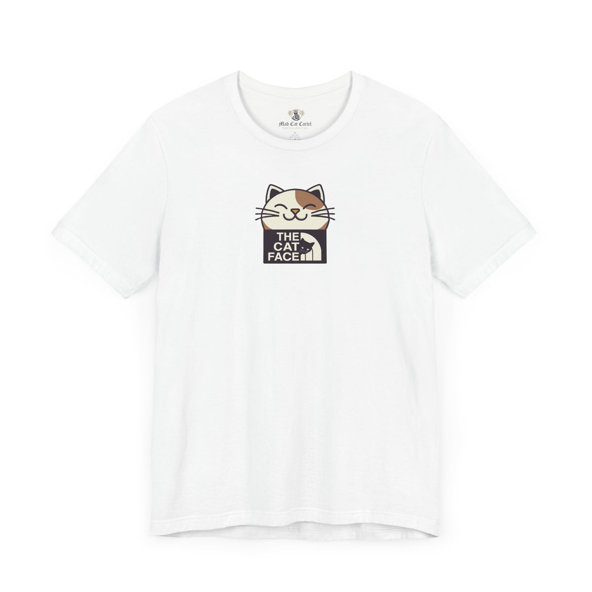 The Cat Face Winking Cat Logo Graphic T-Shirt in white, flat lay