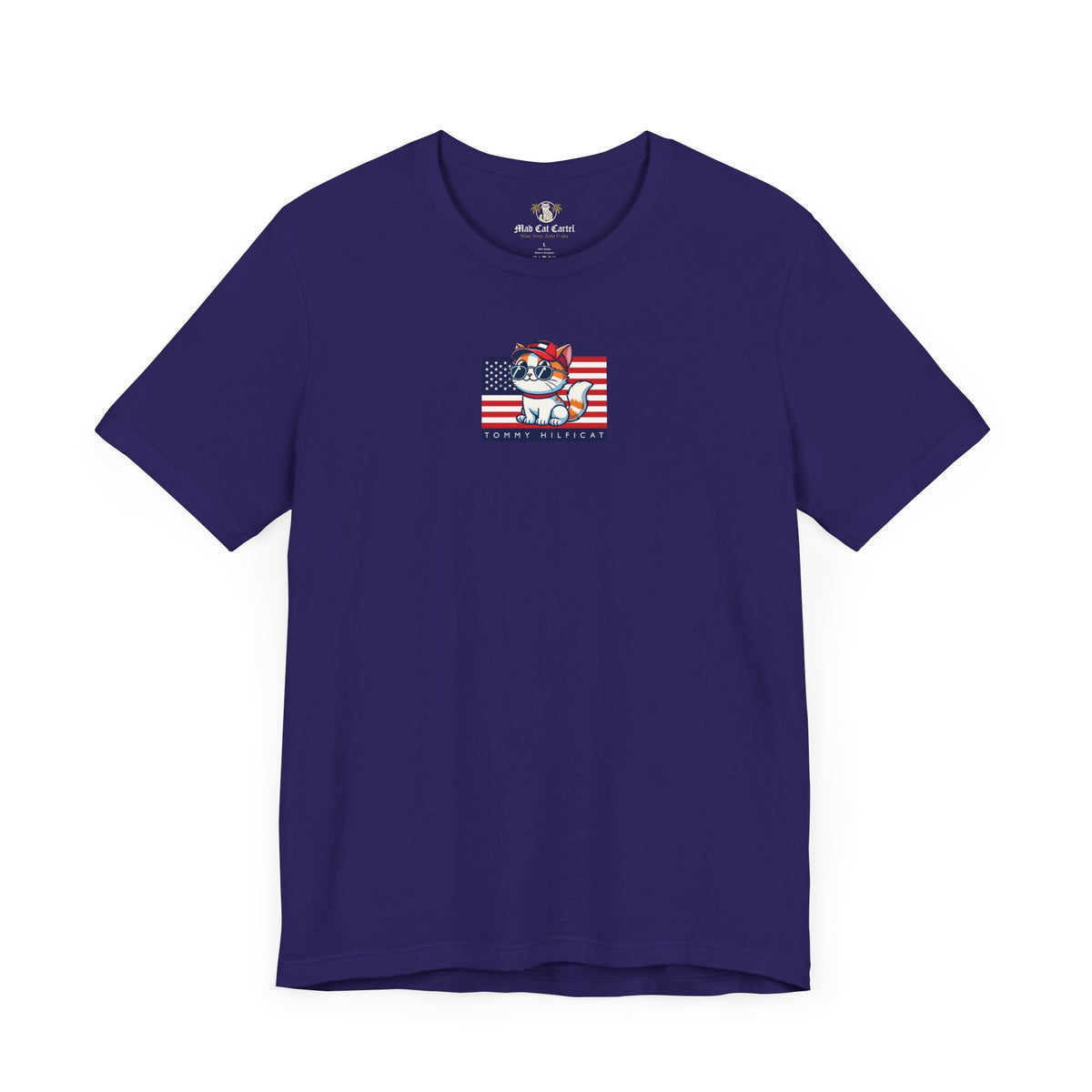 Tommy Hilficat American Purrride Cat Graphic T-Shirt in team navy, front view