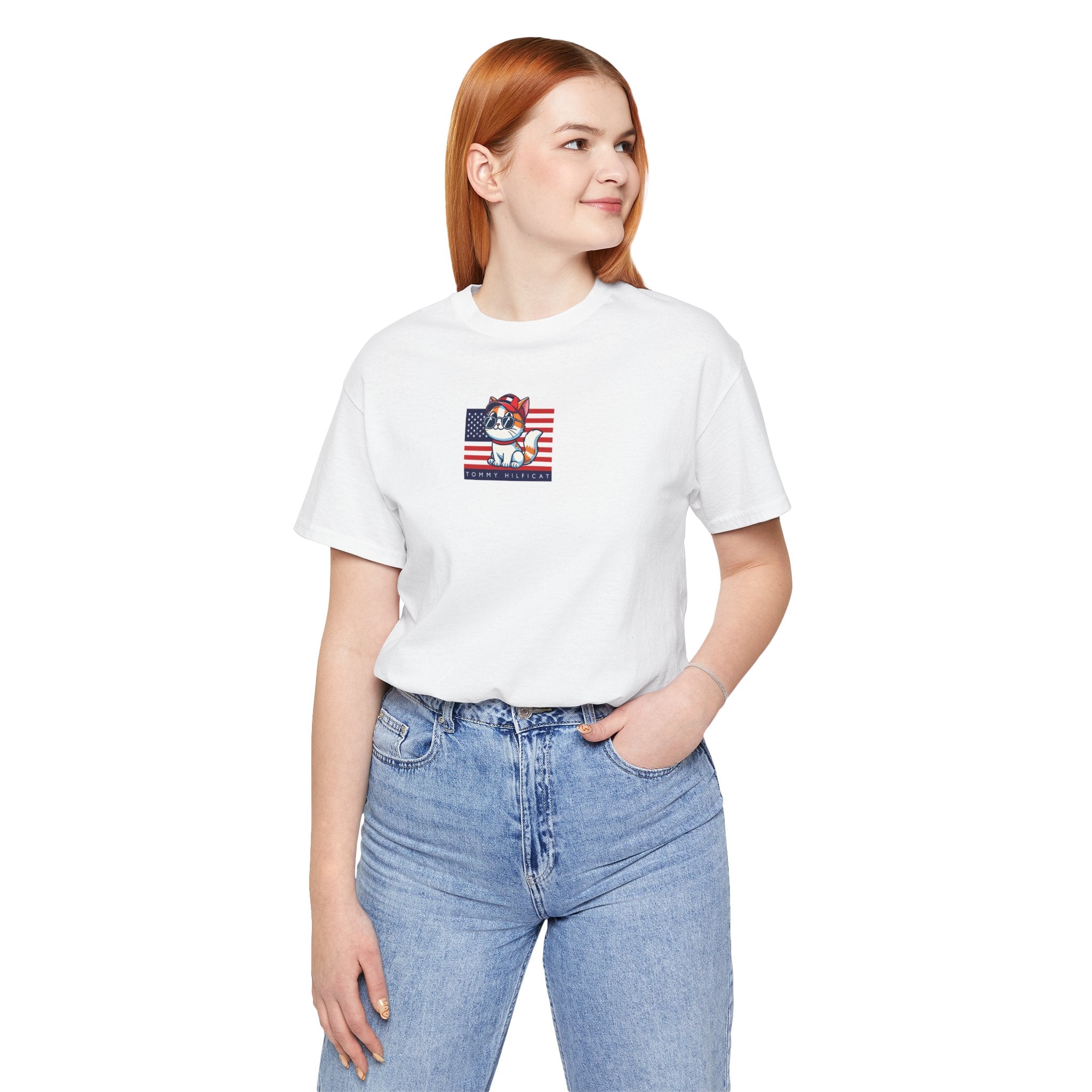 Tommy Hilficat American Purrride Cat Graphic T-Shirt in white, worn by a female model