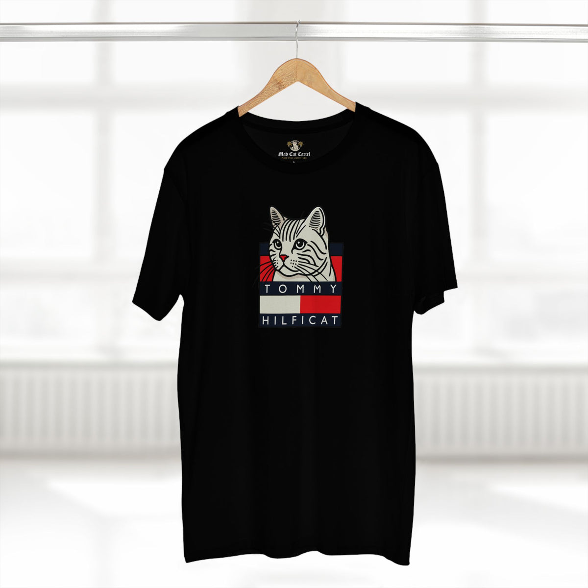 Tommy Hilficat Box Logo Cat Identity T-Shirt in black, on a hanger
