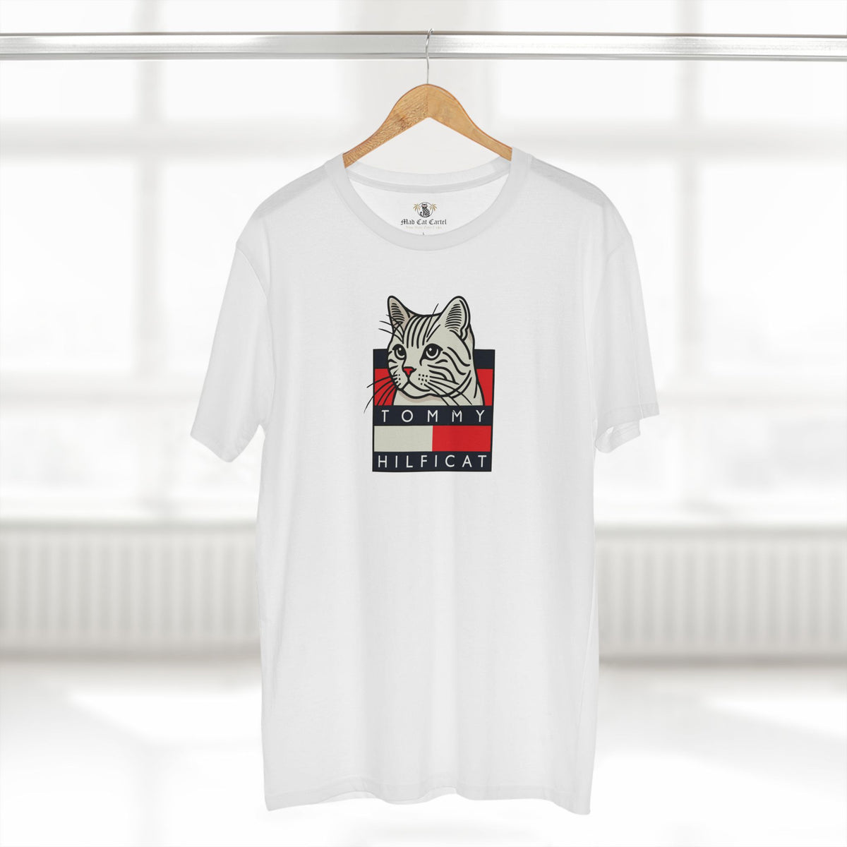 Tommy Hilficat Box Logo Cat Identity T-Shirt in white, on a hanger