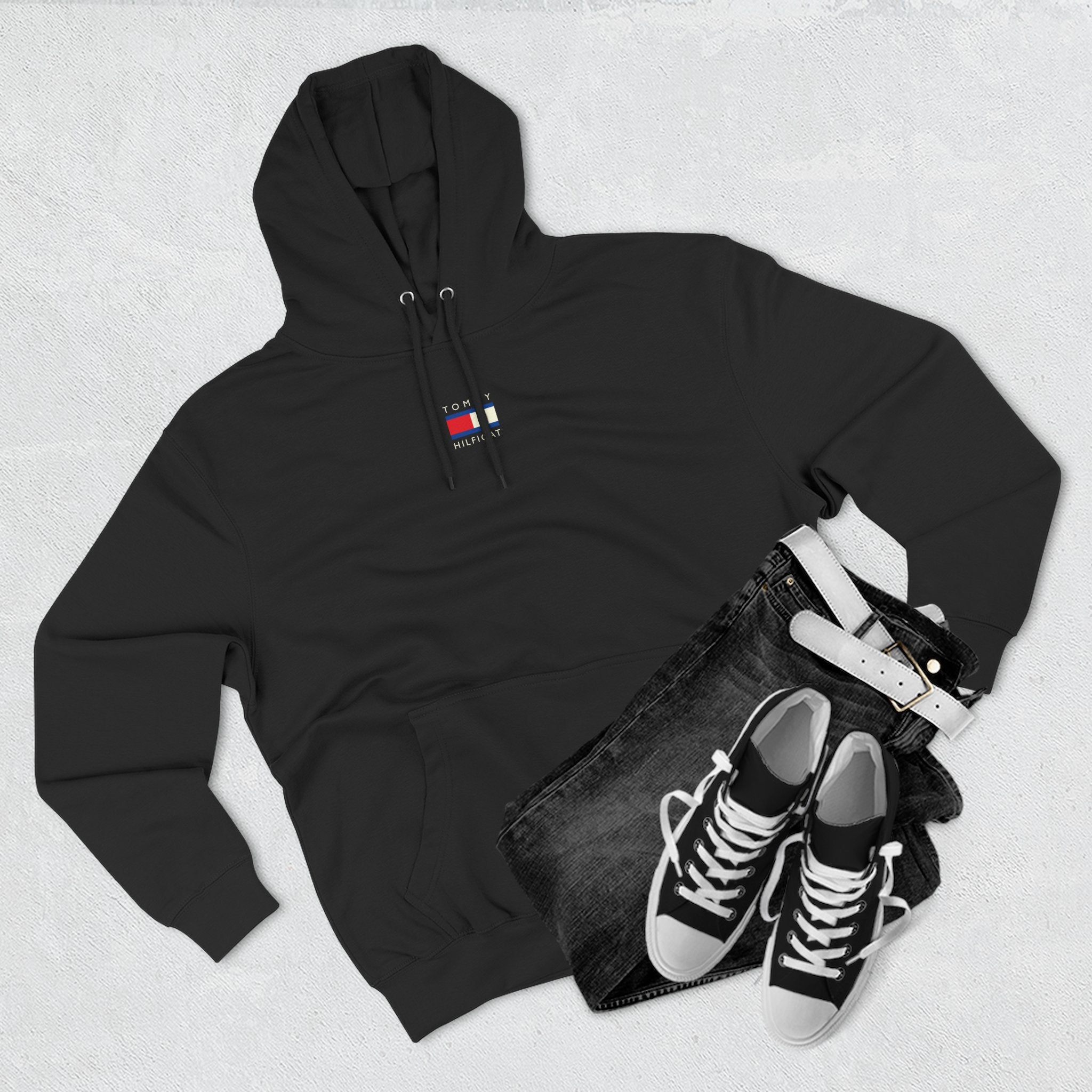 Tommy Hilficat Chest Logo Colorwave Cat Graphic Hoodie in black, flat lay
