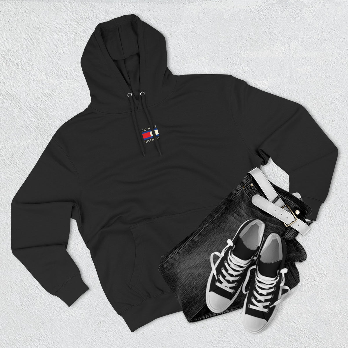 Tommy Hilficat Chest Logo Colorwave Cat Graphic Hoodie in black, flat lay