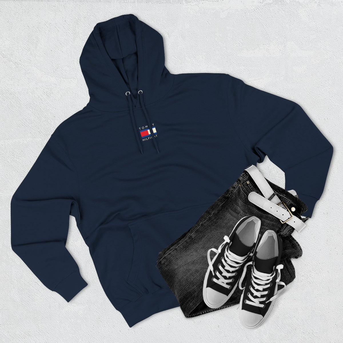 Tommy Hilficat Chest Logo Colorwave Cat Graphic Hoodie in navy, folded