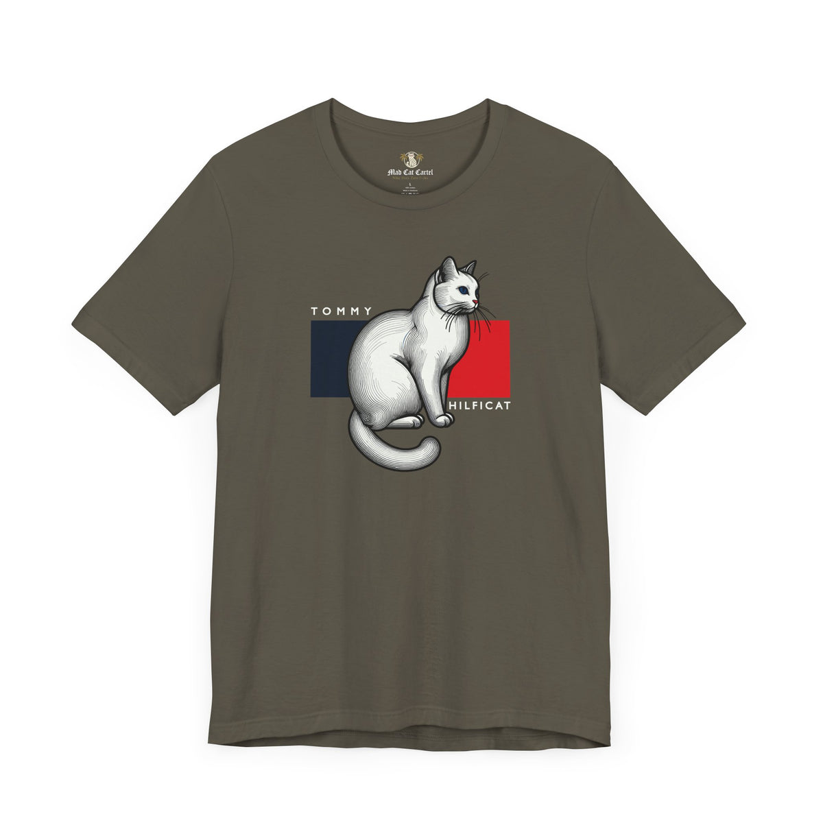 Tommy Hilficat Classic Flag Cat Graphic T-Shirt in army, flat lay