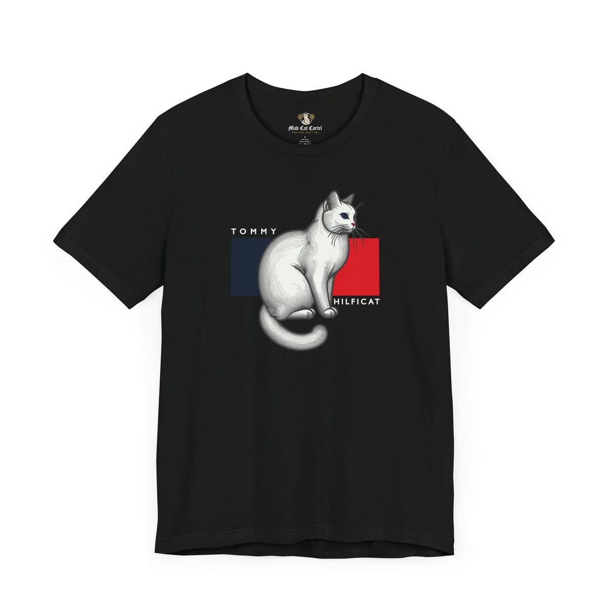 Tommy Hilficat Classic Flag Cat Graphic T-Shirt in black, flat lay