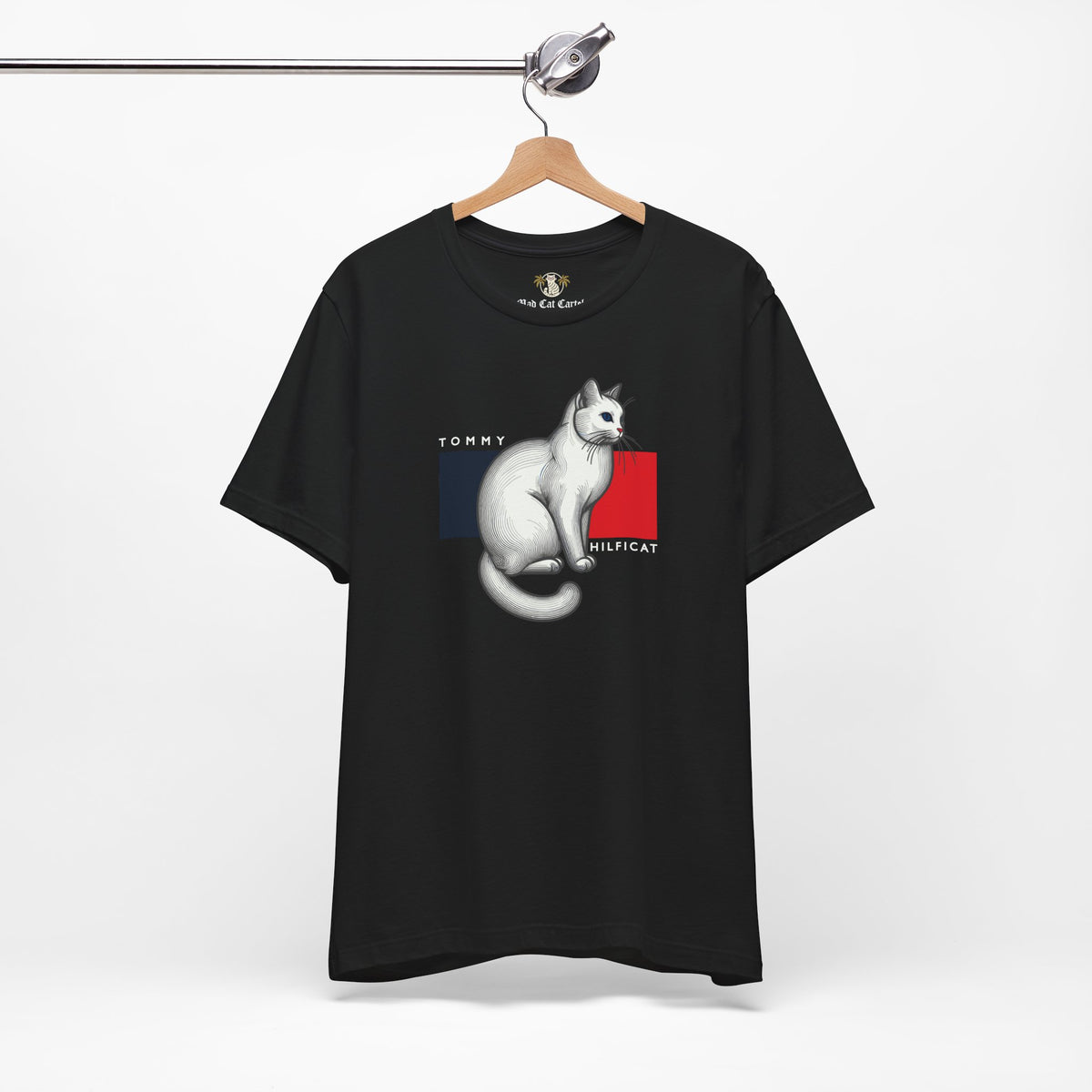 Tommy Hilficat Classic Flag Cat Graphic T-Shirt in black, on a hanger