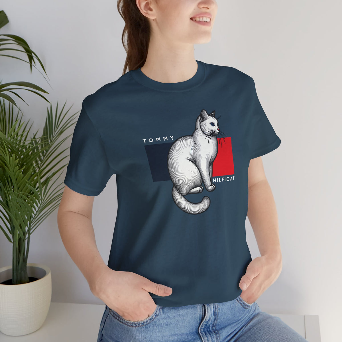 Tommy Hilficat Classic Flag Cat Graphic T-Shirt in deep teal, worn by a female model