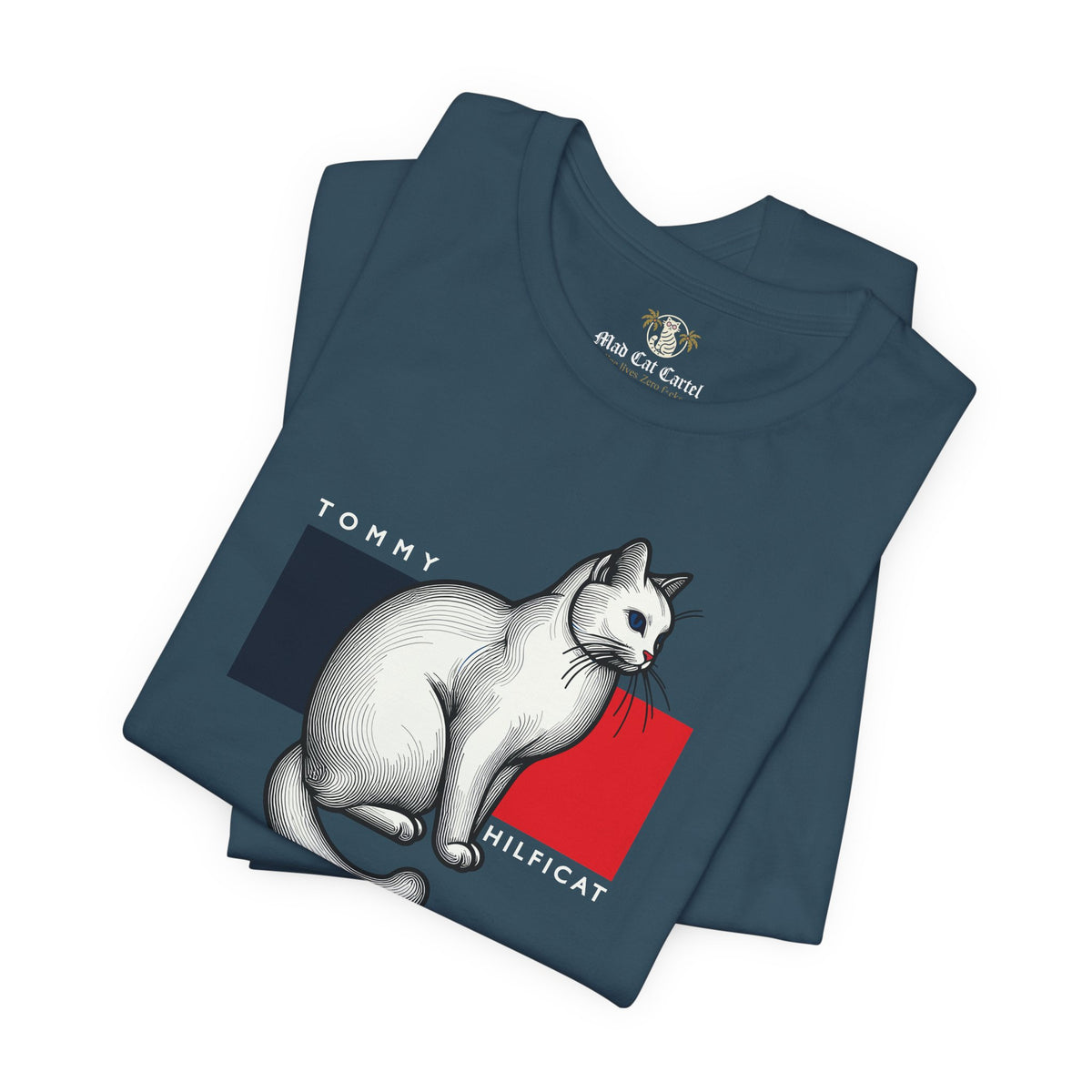 Tommy Hilficat Classic Flag Cat Graphic T-Shirt in deep teal, folded