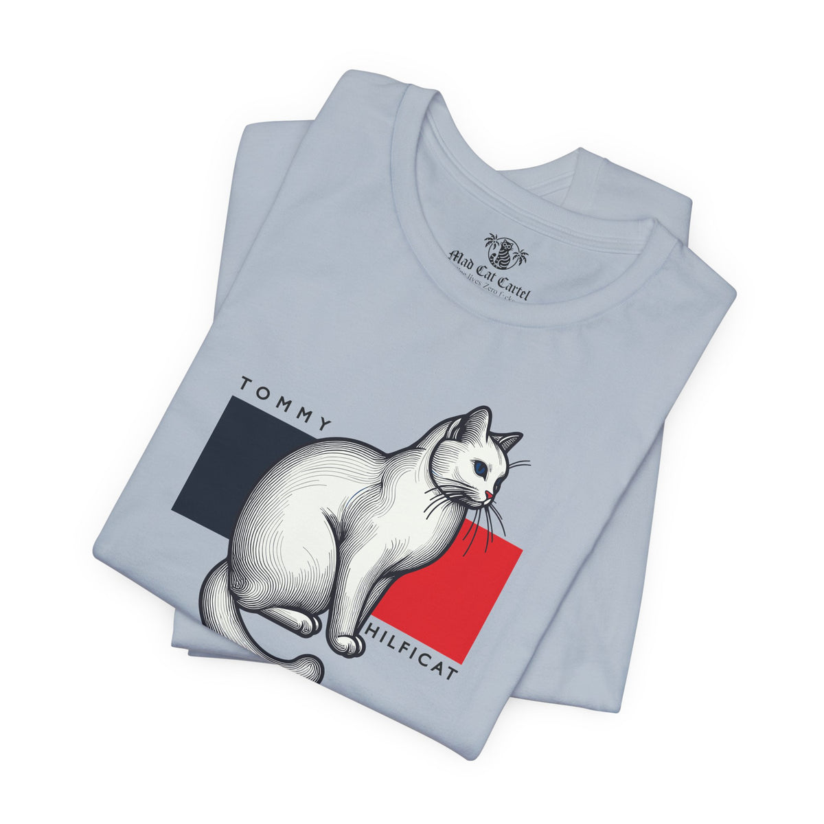 Tommy Hilficat Classic Flag Cat Graphic T-Shirt in light blue, folded