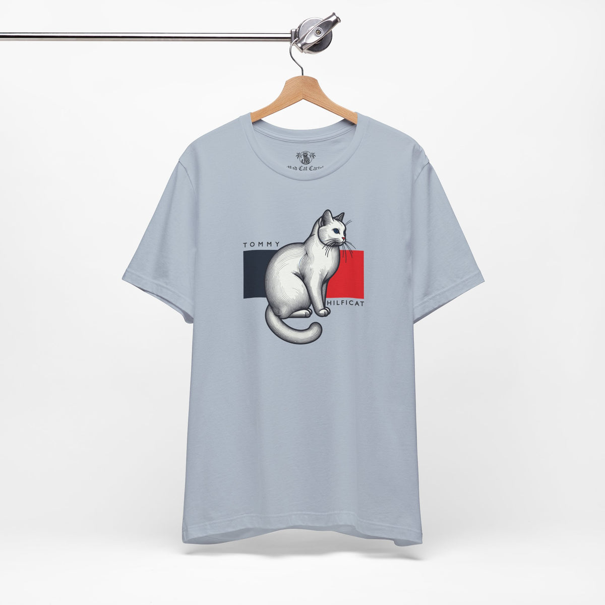 Tommy Hilficat Classic Flag Cat Graphic T-Shirt in light blue, on a hanger
