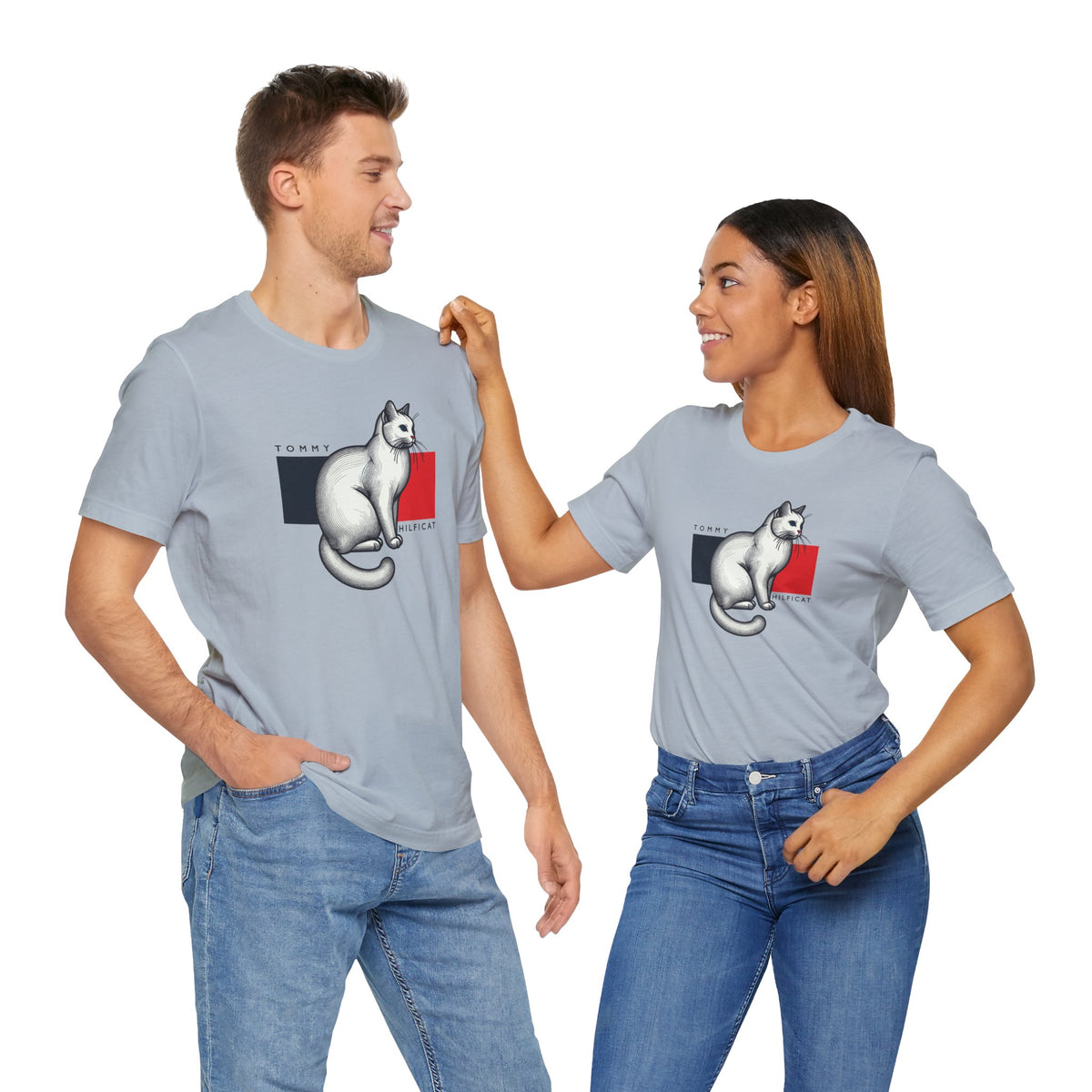 Tommy Hilficat Classic Flag Cat Graphic T-Shirt in light blue, worn by two models