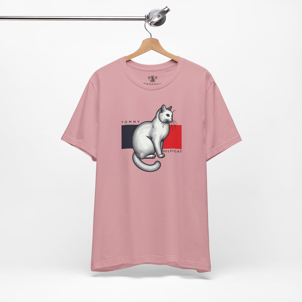 Tommy Hilficat Classic Flag Cat Graphic T-Shirt in orchid, on a hanger