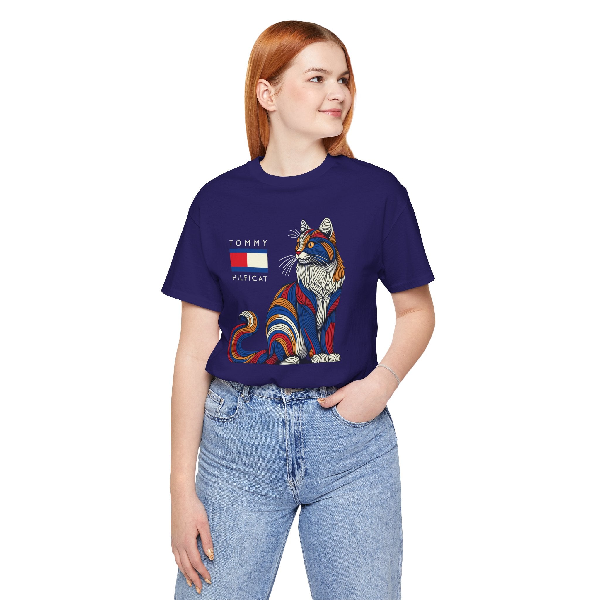 Tommy Hilficat Colorwave Cat Graphic T-Shirt in team navy, worn by a female model
