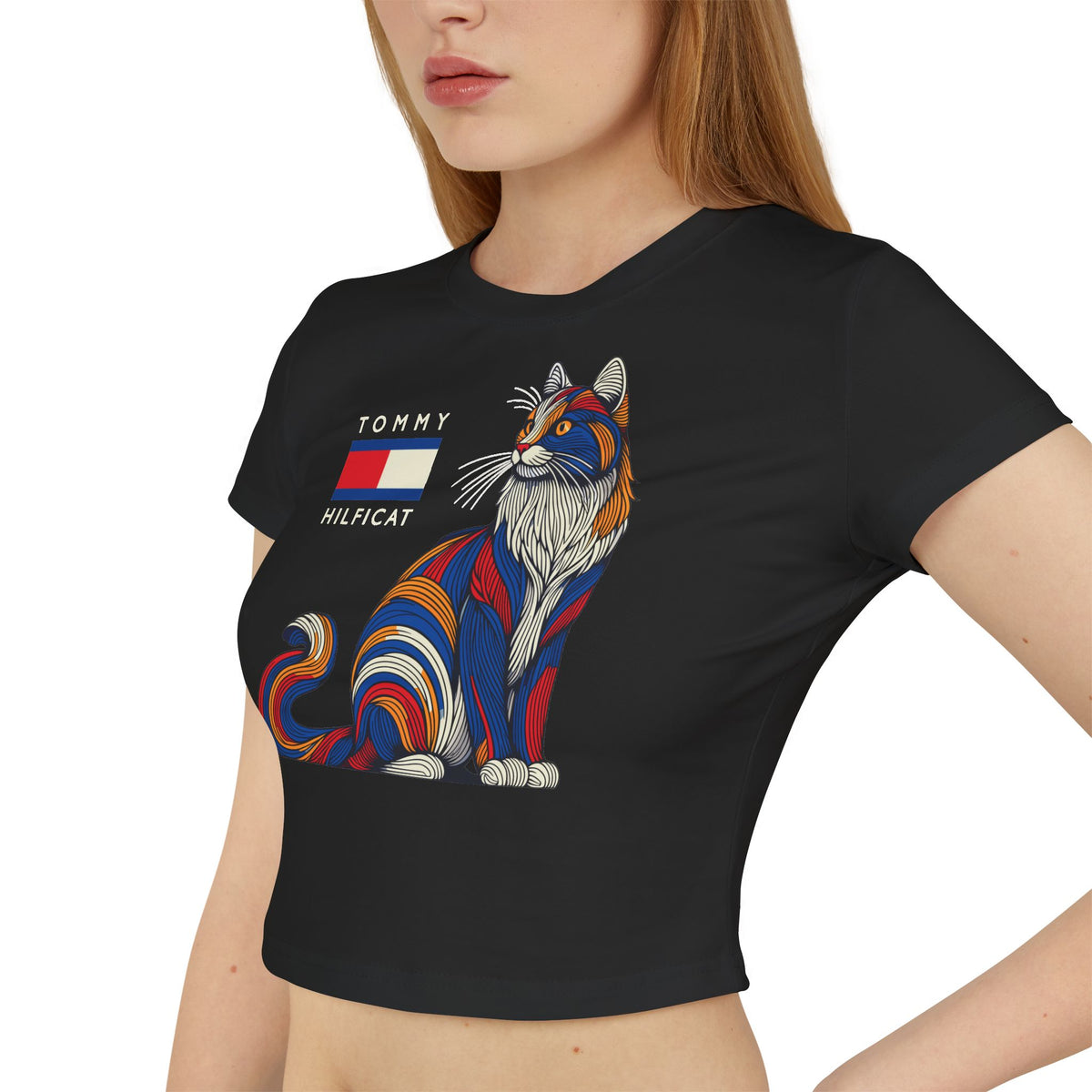 Tommy Hilficat Colorwave Cat Graphic Women's Baby Tee in black, worn by a female model