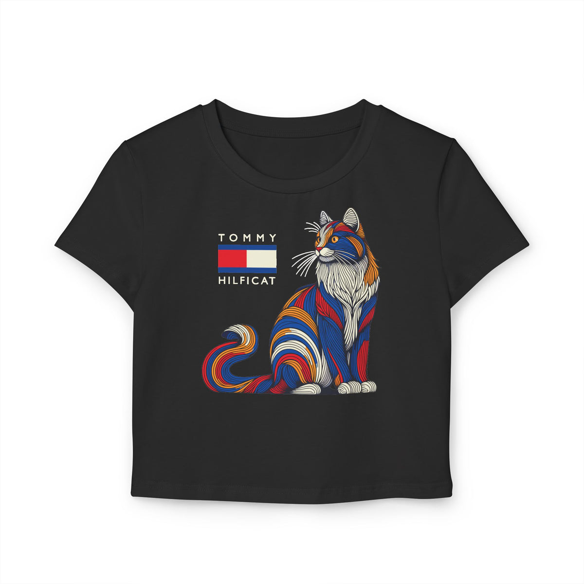 Tommy Hilficat Colorwave Cat Graphic Women's Baby Tee in black, front view