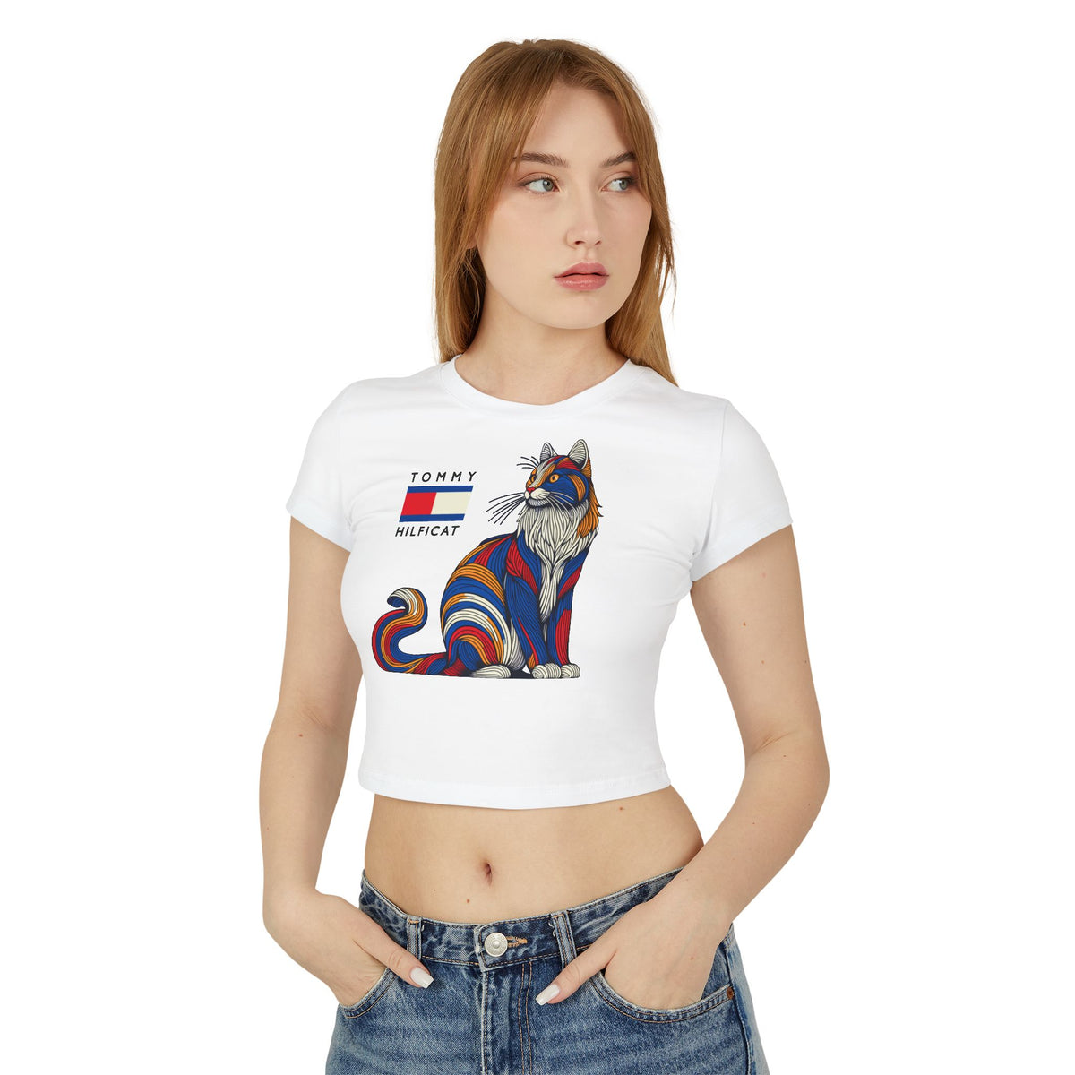 Tommy Hilficat Colorwave Cat Graphic Women's Baby Tee in white, worn by a female model