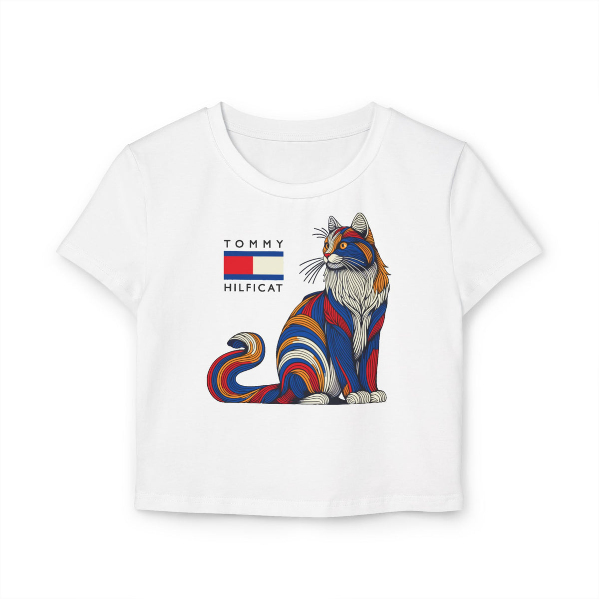 Tommy Hilficat Colorwave Cat Graphic Women's Baby Tee in white, front view