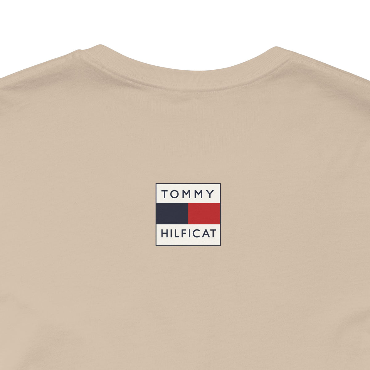 Tommy Hilficat Regal Outline Cat Graphic T-Shirt in tan, close-up of the back print