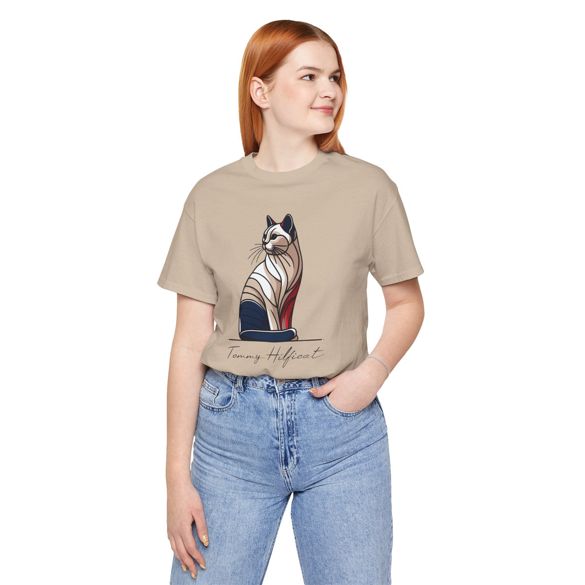 Tommy Hilficat Regal Outline Cat Graphic T-Shirt in tan, worn by a female model