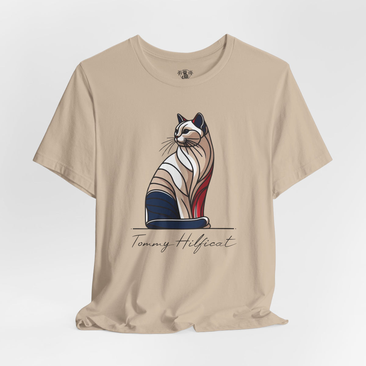 Tommy Hilficat Regal Outline Cat Graphic T-Shirt in tan, flat lay