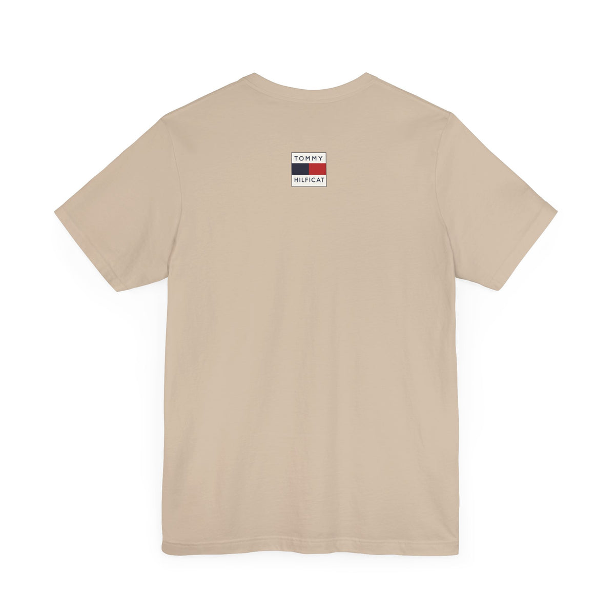 Tommy Hilficat Regal Outline Cat Graphic T-Shirt in tan, flat lay, back