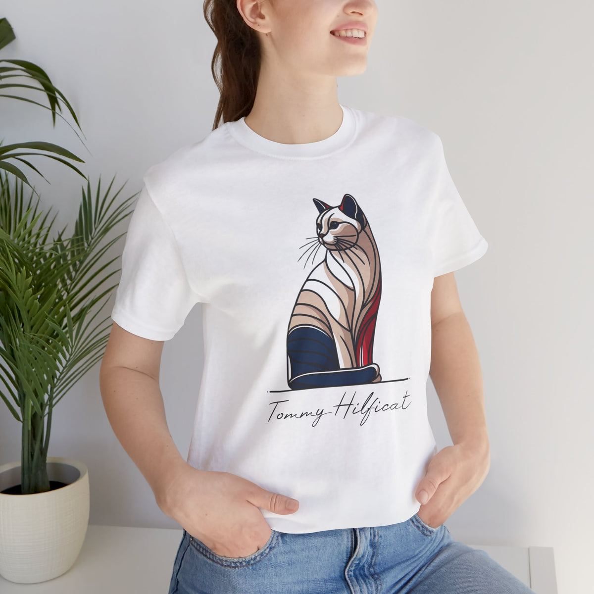Tommy Hilficat Regal Outline Cat Graphic T-Shirt in white, worn by a female model