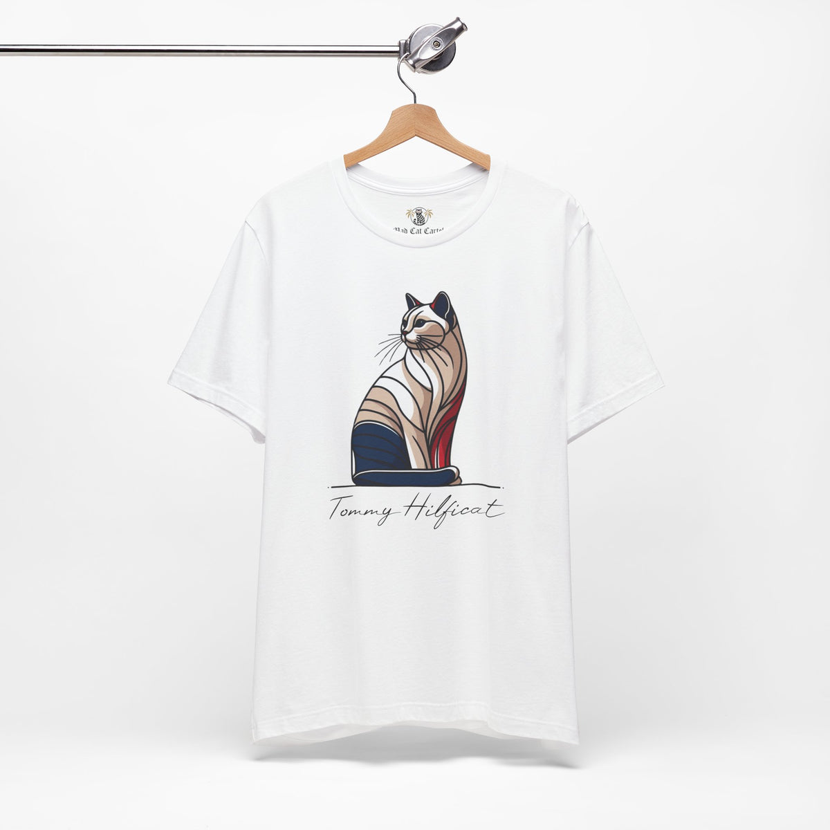Tommy Hilficat Regal Outline Cat Graphic T-Shirt in white, on a hanger