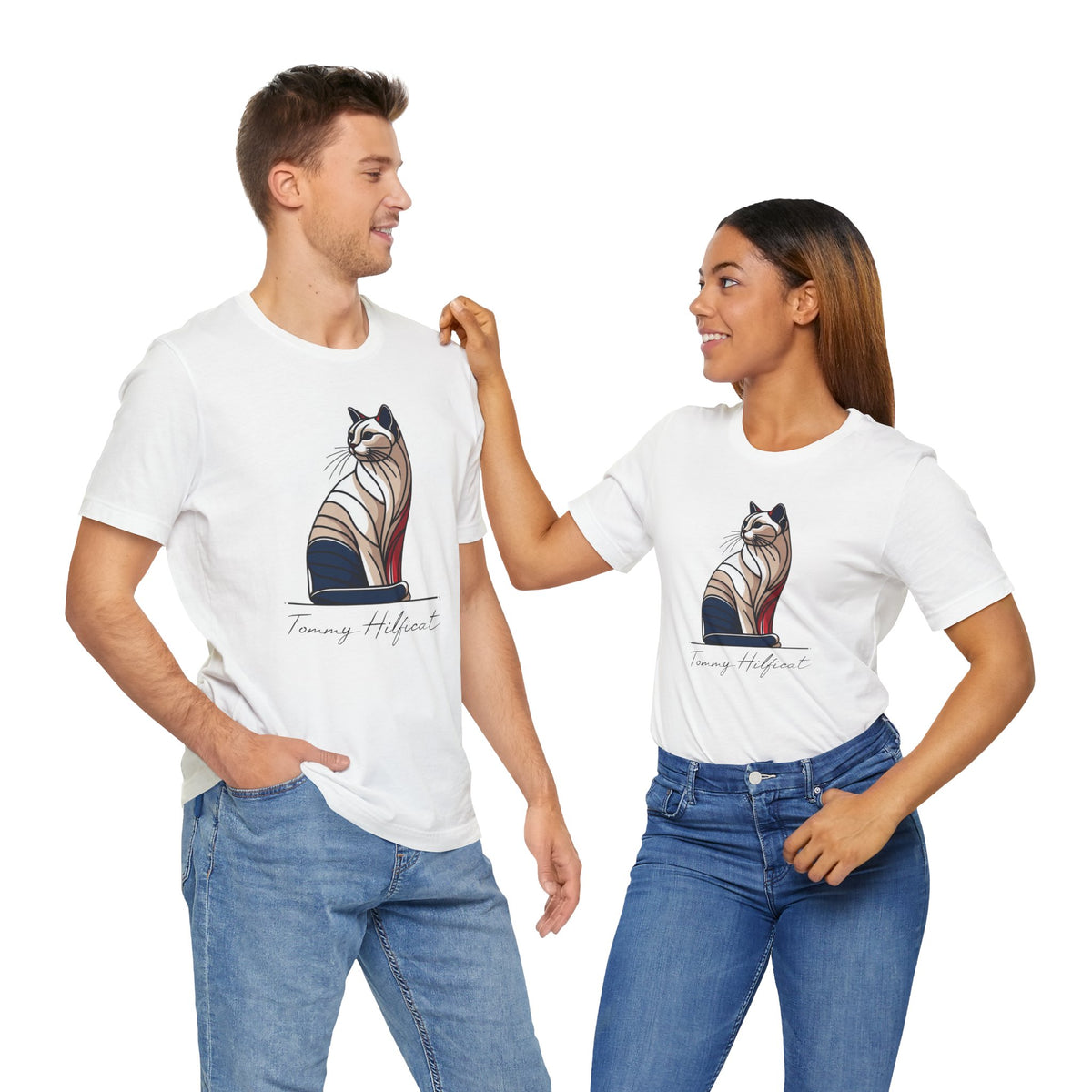Tommy Hilficat Regal Outline Cat Graphic T-Shirt in white, worn by two models